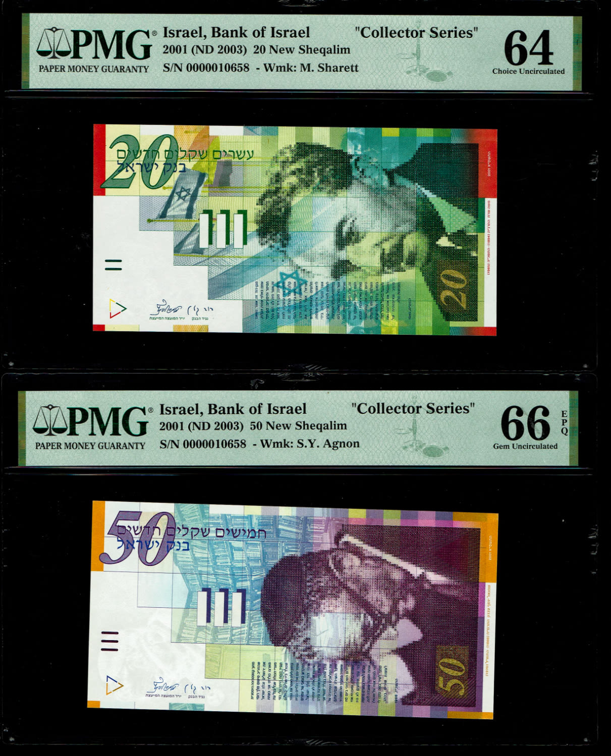 Israel - a pair of banknotes with identical serial numbers of 20, 50 shekels 2001 PMG 64, 66 EPQ - ... - 1 0
