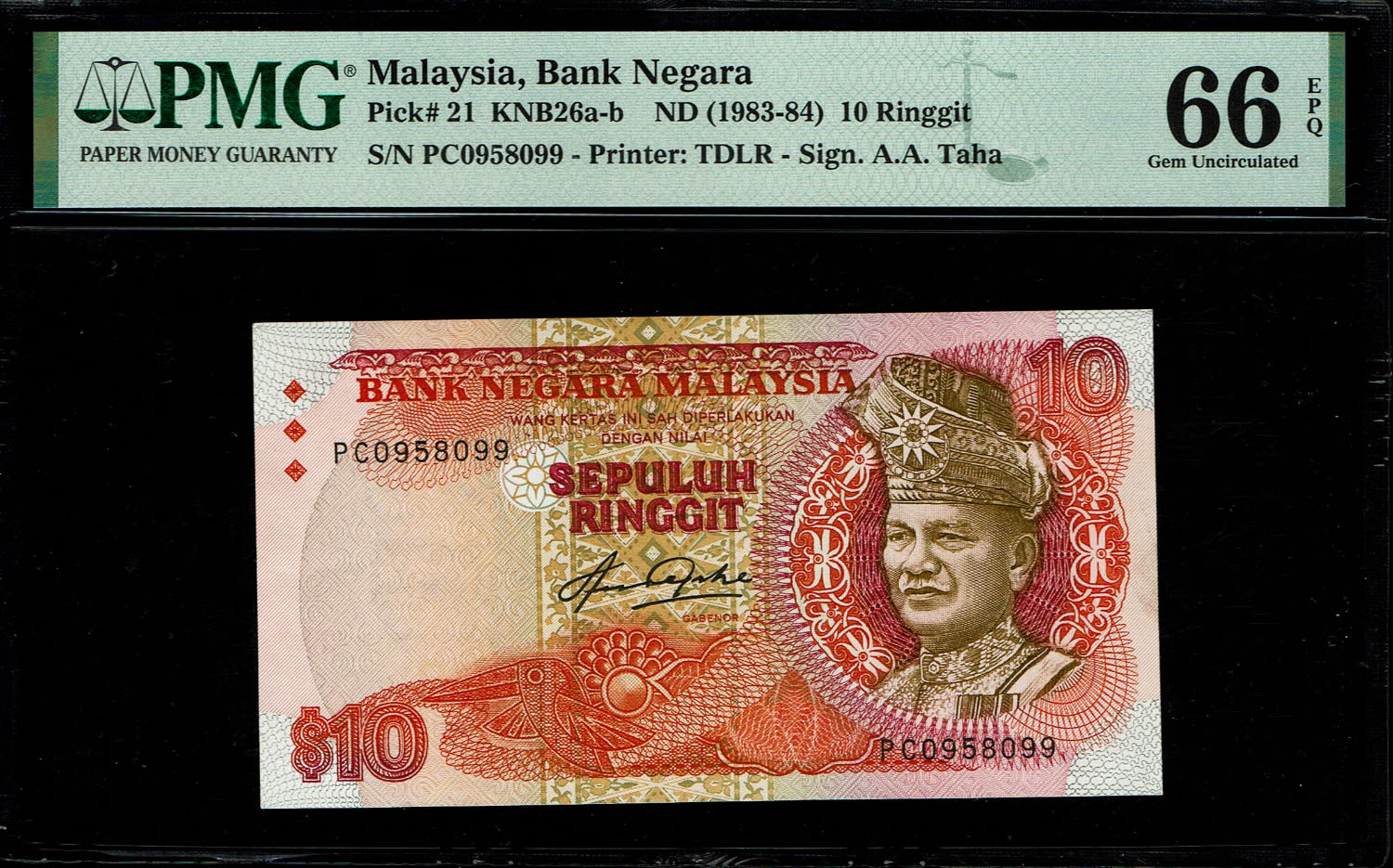 Malasysia - 10 Ringgit 1983-1984 - PMG 66 EPQ
Obverse: Tuanku Abdul Rahman at ... - 1 0