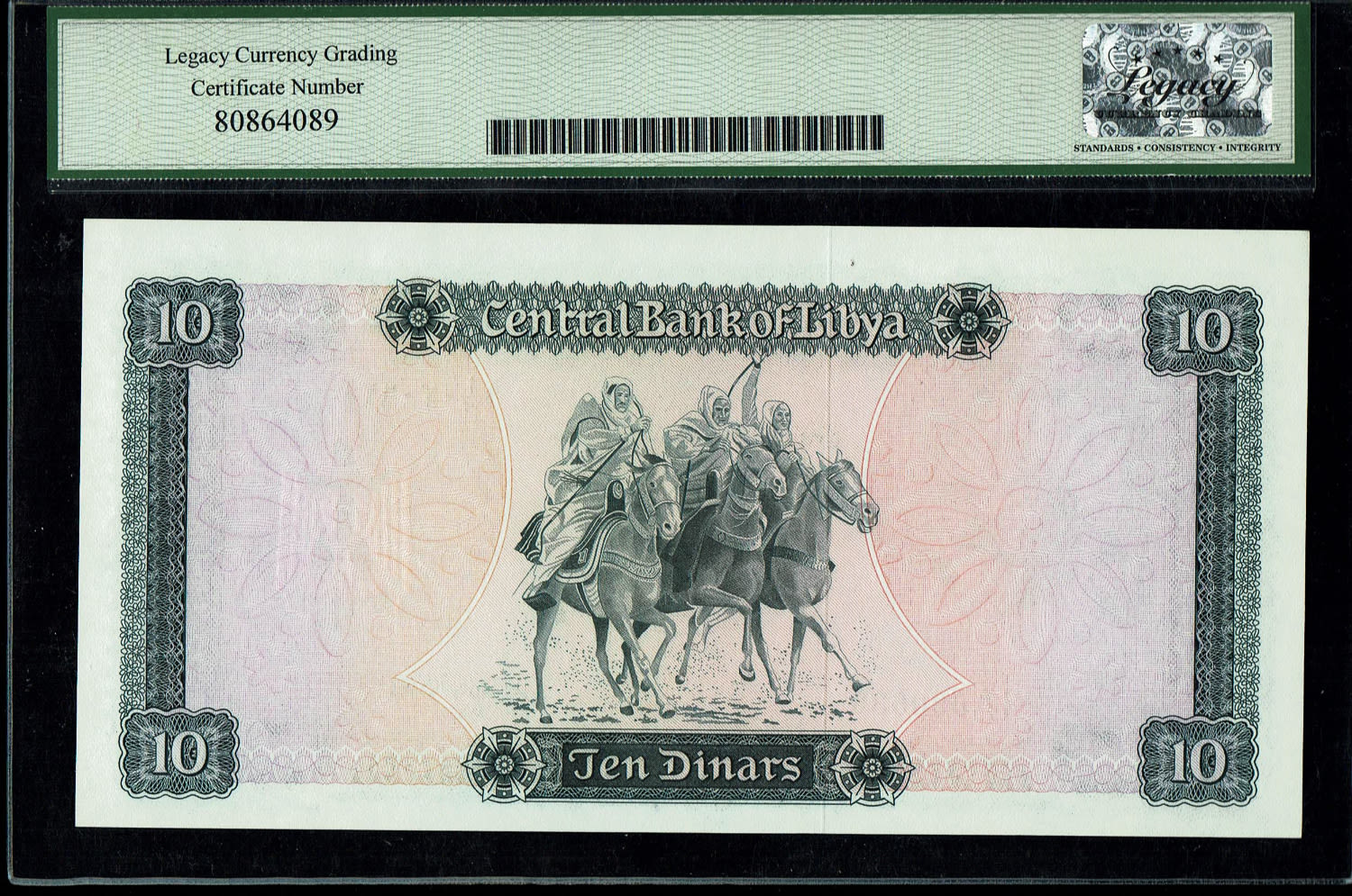 Libya - 10 Dinars 1972 - Series 1 - LEGACY 64 PPQ
Obverse: Omar el Mukhtar at left
Reverse: ... - 1 1