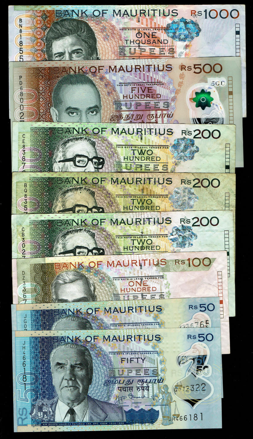 Mauritius - Lot of 8 Banknotes of 50, 100, 200, 500 and 1,000 Rupees 2013 - VF. UNC - 1 0