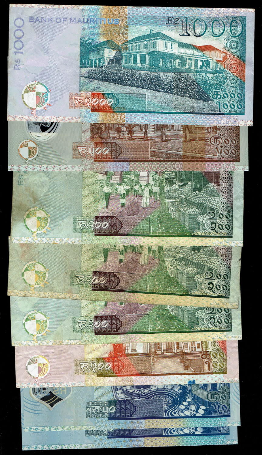 Mauritius - Lot of 8 Banknotes of 50, 100, 200, 500 and 1,000 Rupees 2013 - VF. UNC - 1 1