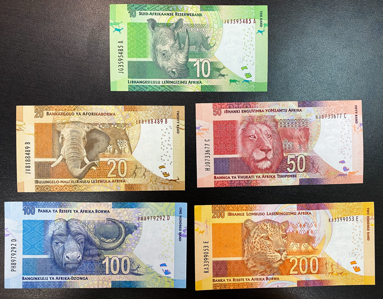 South Africa - Lot of 5 Banknotes of 10, 20, 50 , 100 and 200 Rand 2013-2016 - Nelson Mandela - XF-AU - 1 1