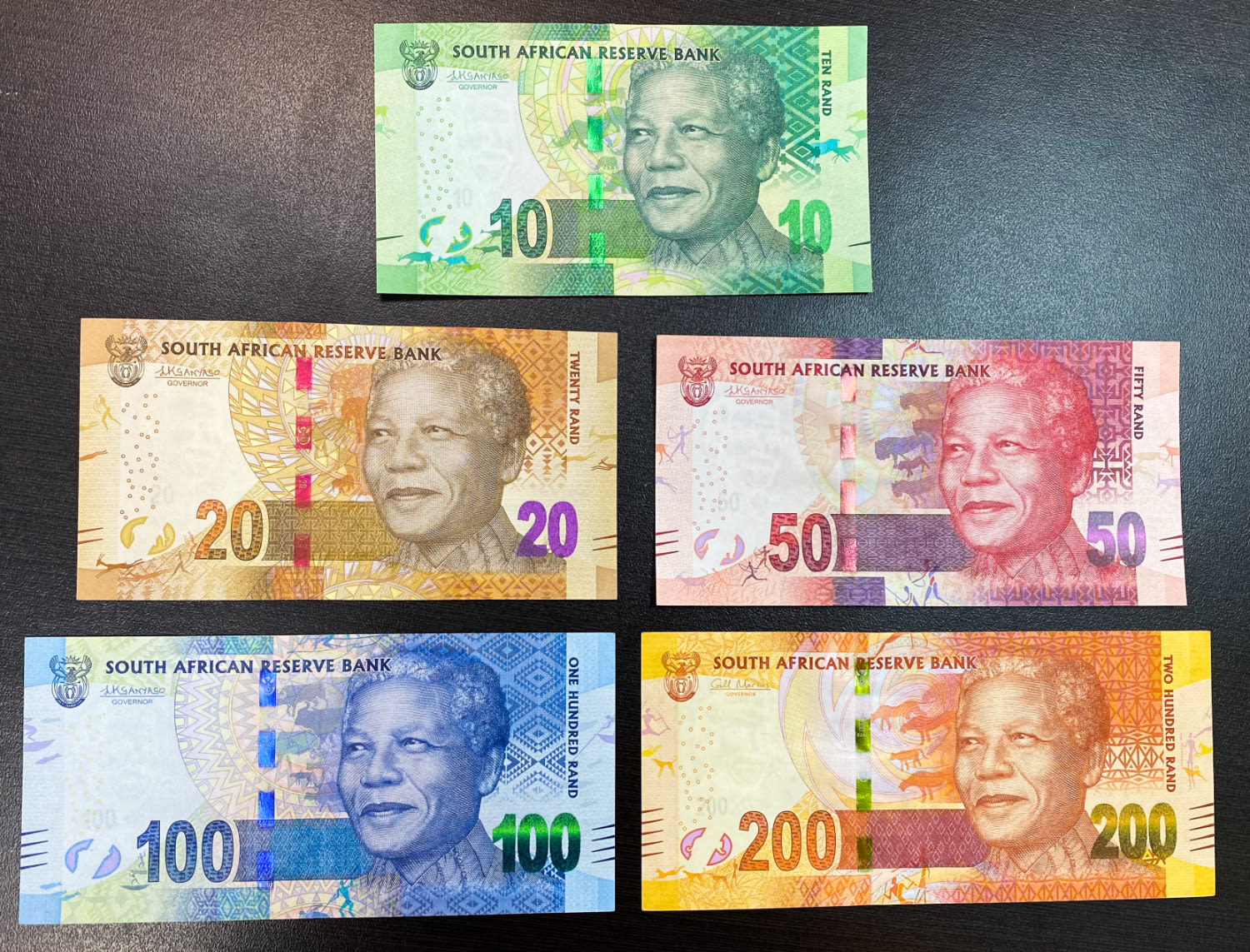 South Africa - Lot of 5 Banknotes of 10, 20, 50 , 100 and 200 Rand 2013-2016 - Nelson Mandela - XF-AU - 1 0