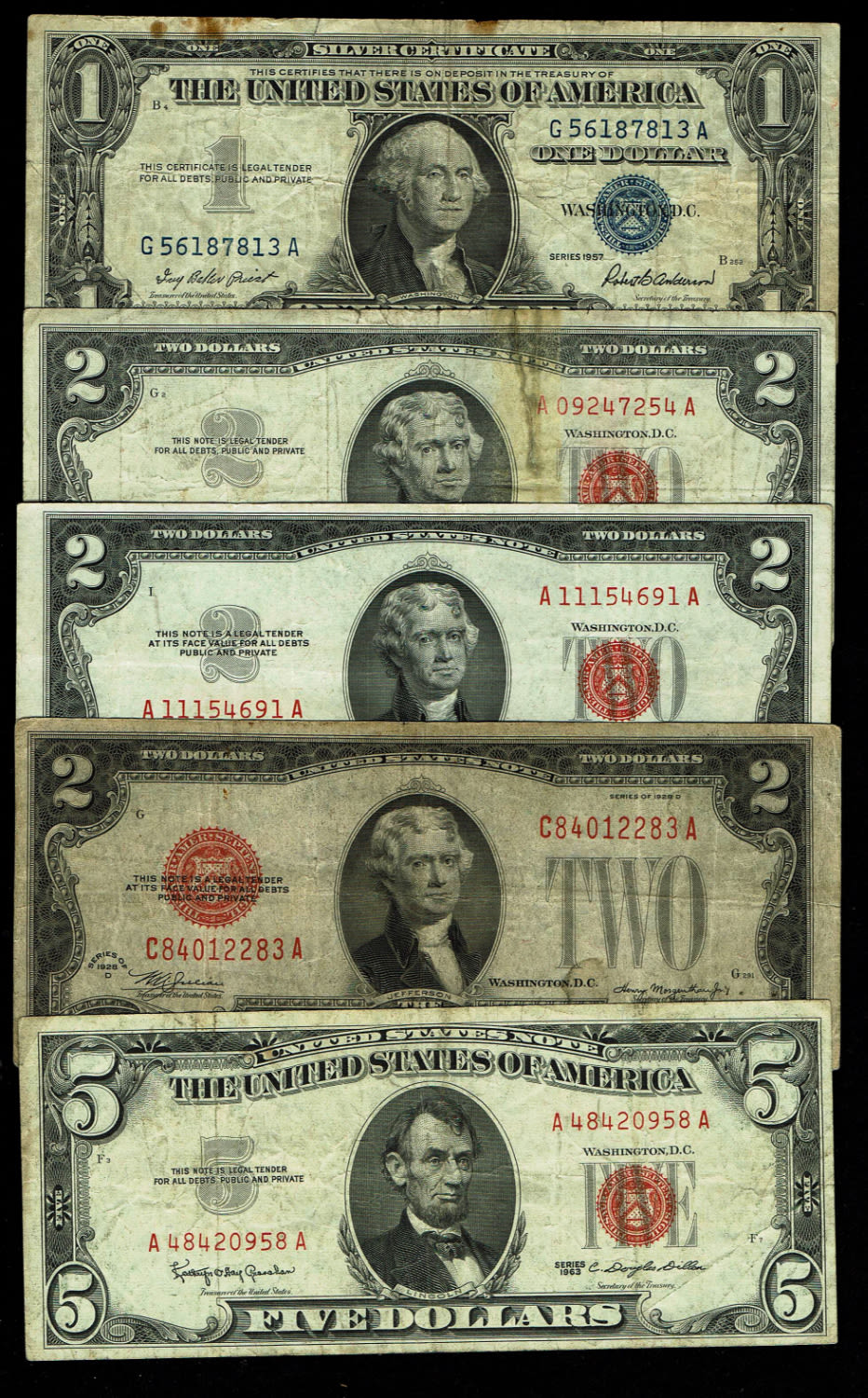 USA - Set of 5 1, 2 and 5 dollar bills 1928, 1953, 1957, 1963 - F-VFThe dollar (or US dollar, also known as ... - 1 0