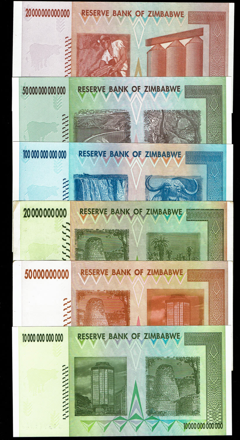 Zimbabwe - 20,000,000,000,000, 50,000,000,000,000, 100,000,000,000,000, 20,000,000,000, 50,000,000,000, 10,000,000 ... - 1 1