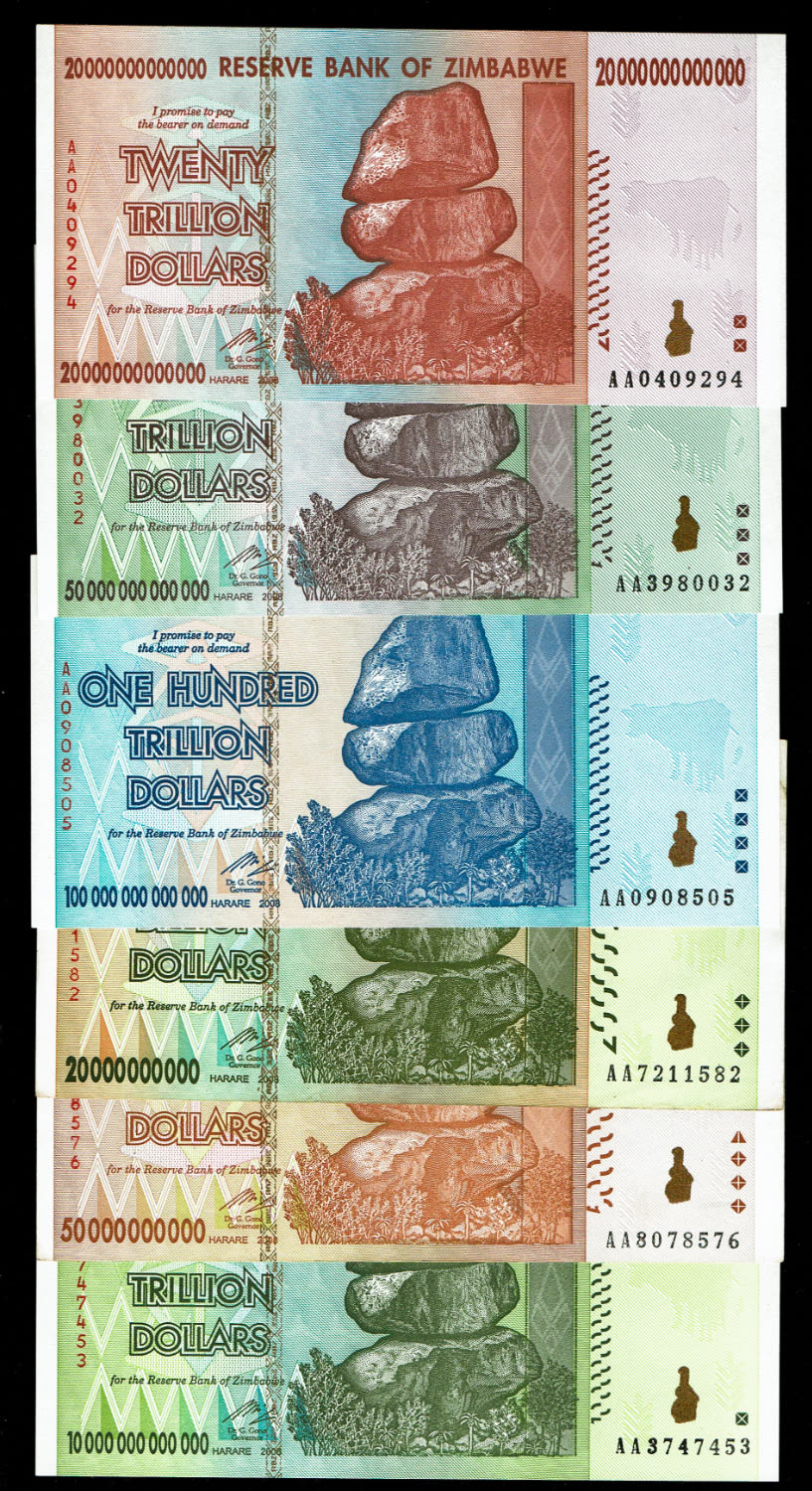 Zimbabwe - 20,000,000,000,000, 50,000,000,000,000, 100,000,000,000,000, 20,000,000,000, 50,000,000,000, 10,000,000 ... - 1 0