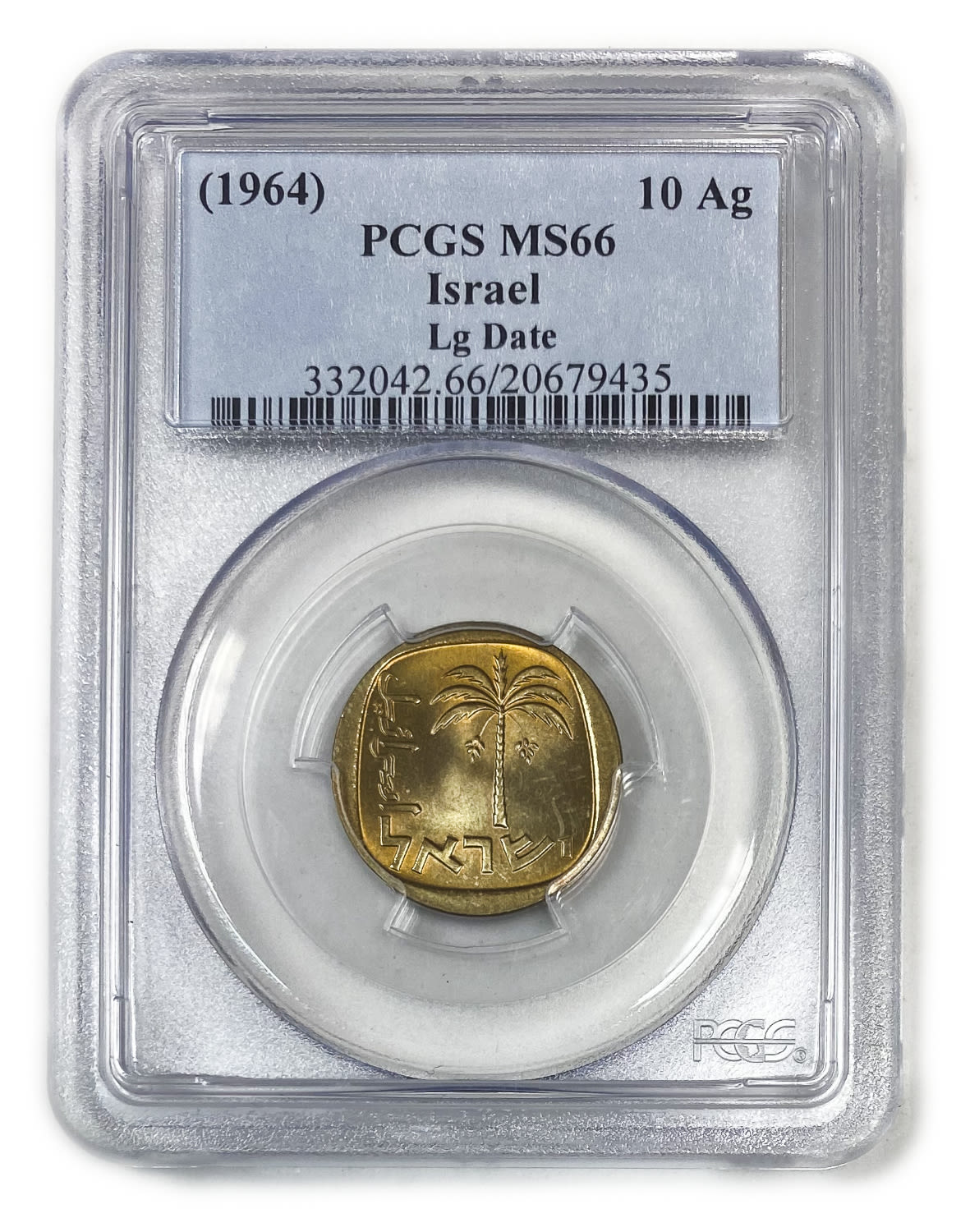 Israel - 10 Agorot 1964 - PCGS 65
Obverse:Palm tree; "Israel" in Hebrew and Arabic.
... - 1 2