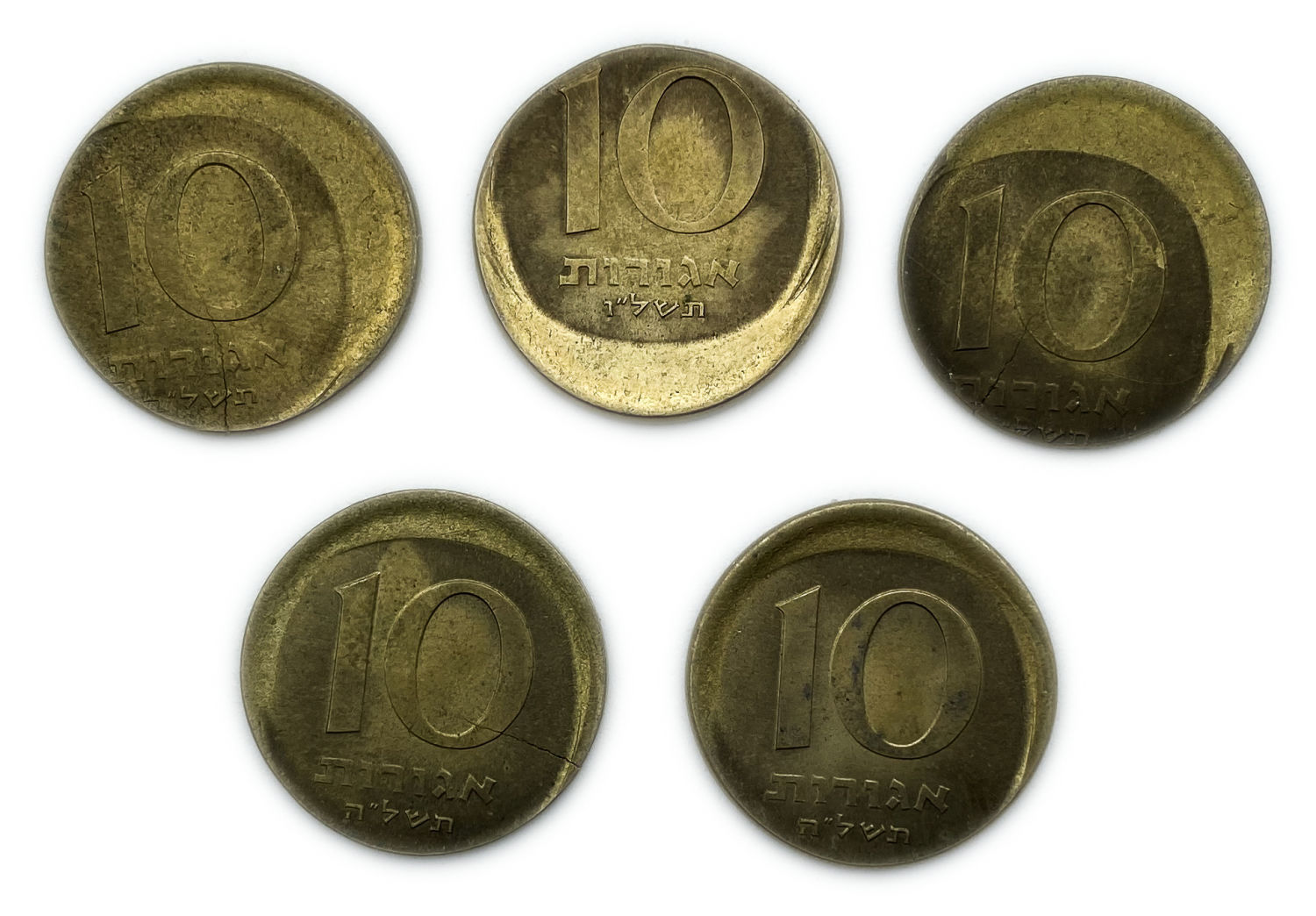 Israel - Lot of 5 coins 10 Agorot 1975-1977 - Minting Error - Off-Center
On January 1, 1960, the new ... - 1 0