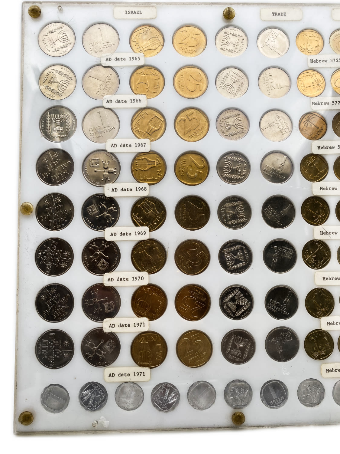 Israel - a plastic board containing 91 Israeli coins from the years 1965, 1966, 1967, 1968, 1969, 1970, 1971 - ... - 1 1
