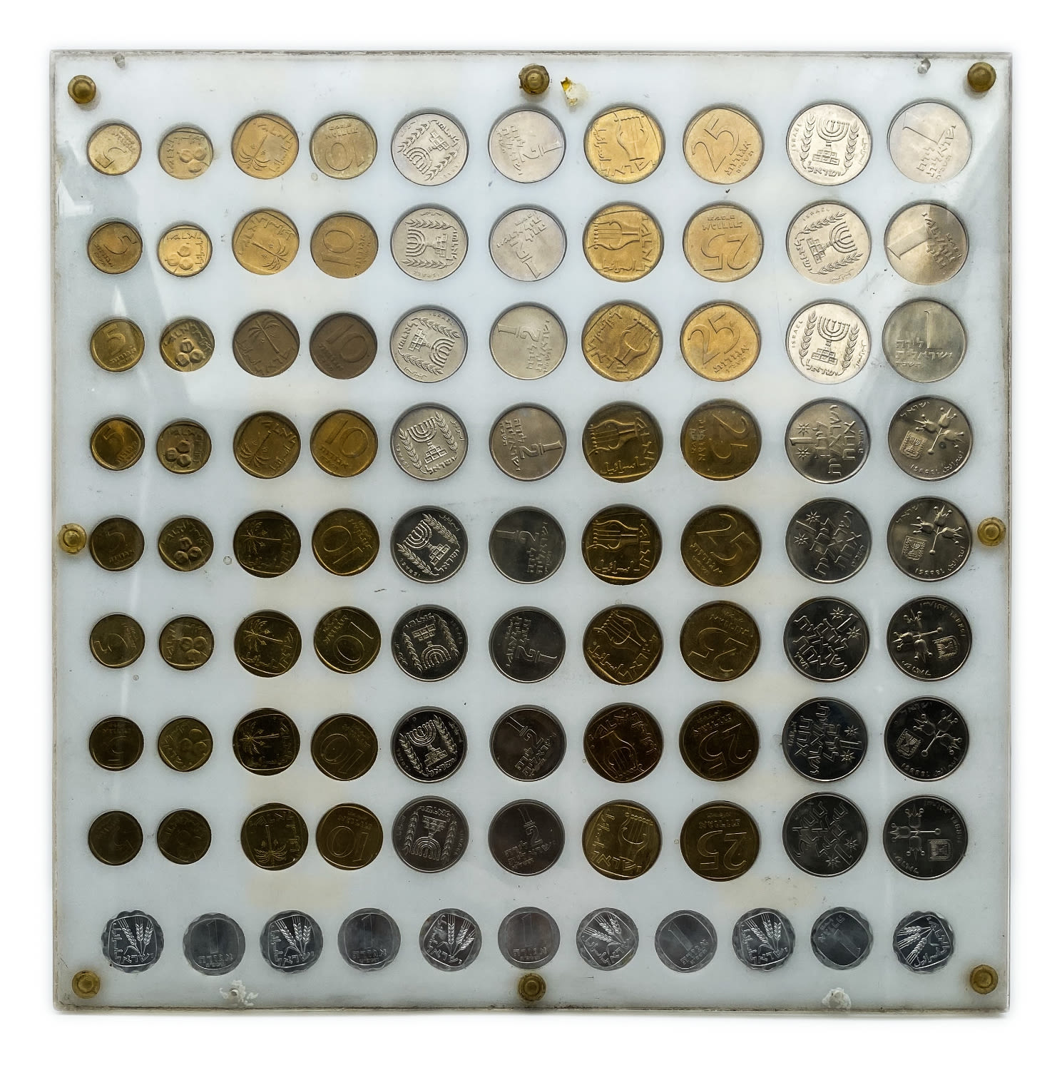 Israel - a plastic board containing 91 Israeli coins from the years 1965, 1966, 1967, 1968, 1969, 1970, 1971 - ... - 1 3