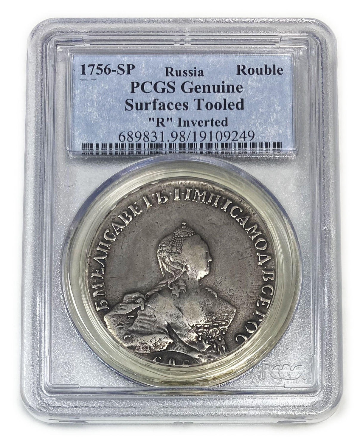 Russia - 1 Ruble 1756 - Elizaveta СПБ - Grade PCGS Genuine, Surface Tooled, "R" inverted
Obverse ... - 1 2