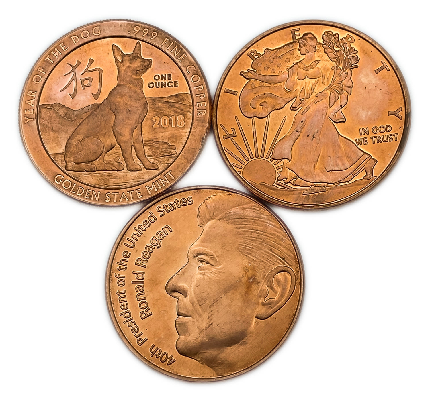 USA - 3 coins of Ounce Copper 999 - Various Years - UNC - 1 0