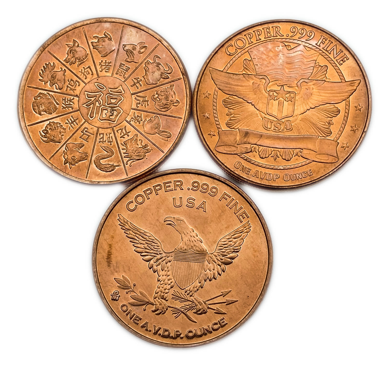 USA - 3 coins of Ounce Copper 999 - Various Years - UNC - 1 1