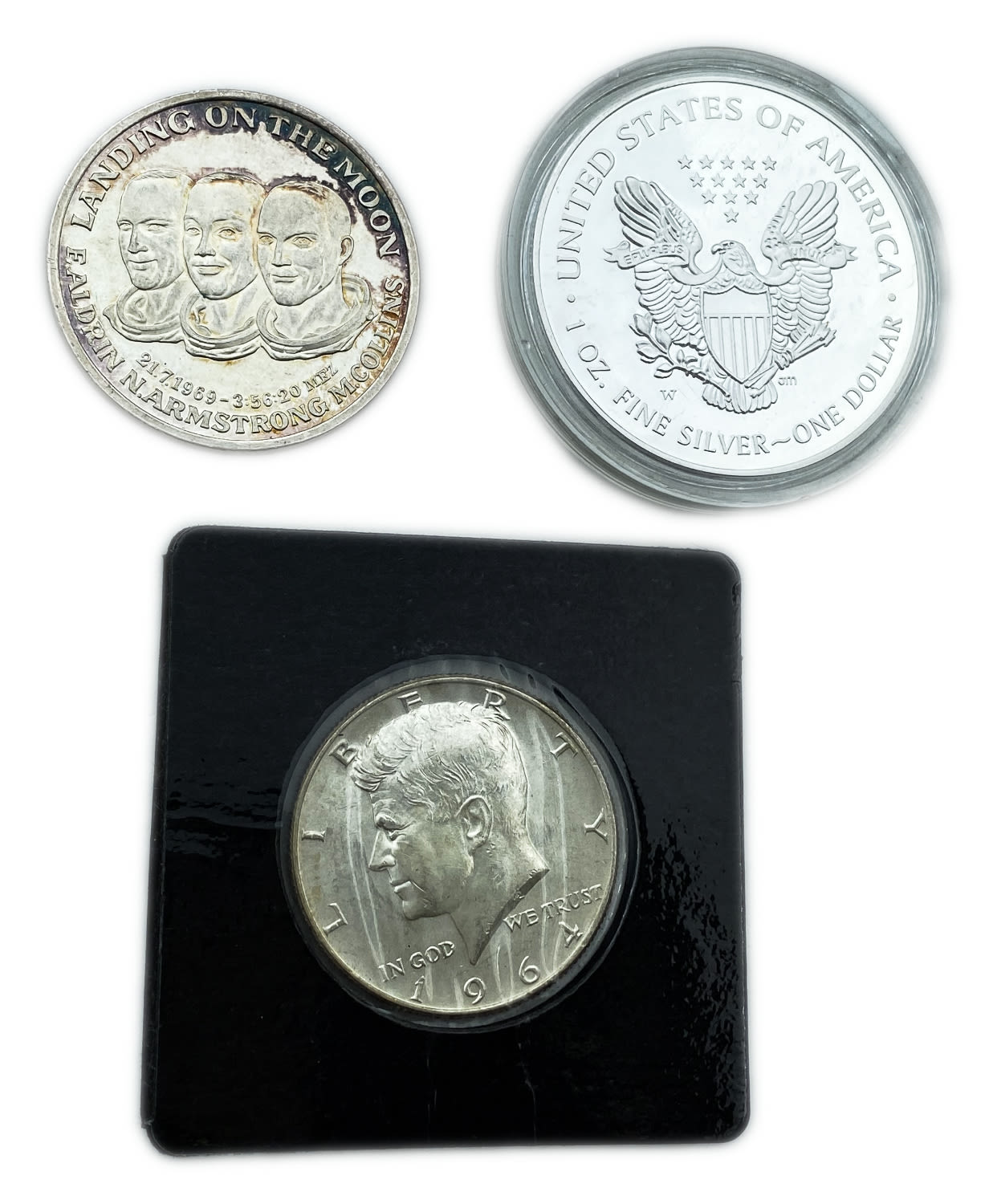 USA - 3 silver coins and medals - 1/2 dollar 1964, 1 dollar 2000, Moon landing 1969 - 1 0