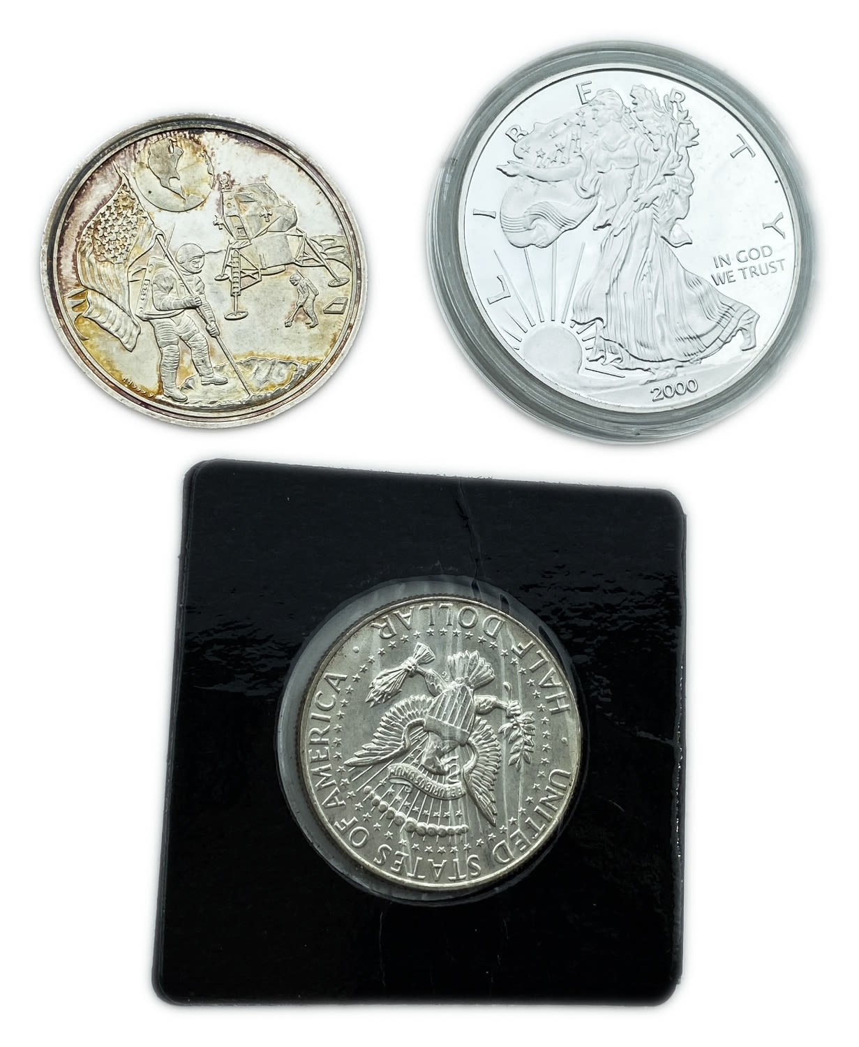 USA - 3 silver coins and medals - 1/2 dollar 1964, 1 dollar 2000, Moon landing 1969 - 1 1