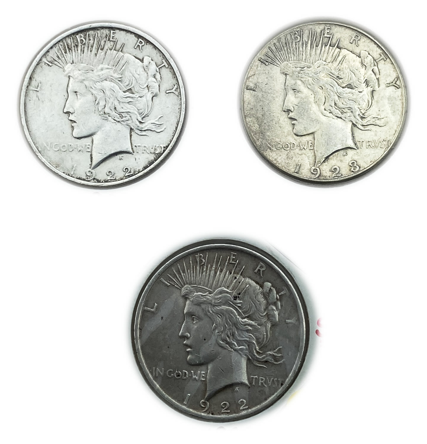 USA - Lot of 3 coins, 1 Dollar 1922, 1923 - VF-XF - Silver
Face: "IN GOD WE TRVST" / "LIBERTY" ... - 1 0