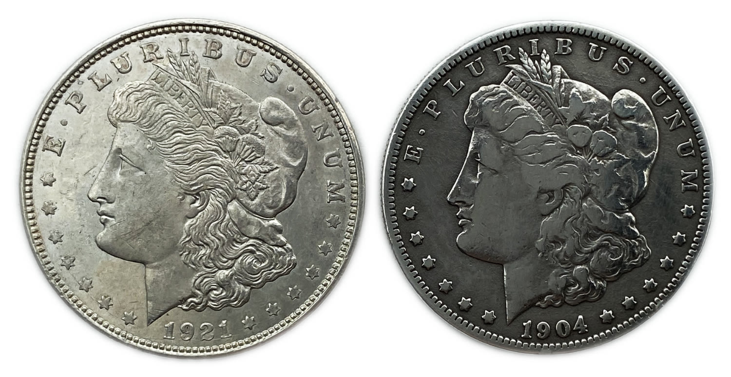 USA - Lot of 2 coins of 1 Morgan Dollar 1904, 1921 - Silver
The Morgan dollar was a United States ... - 1 0