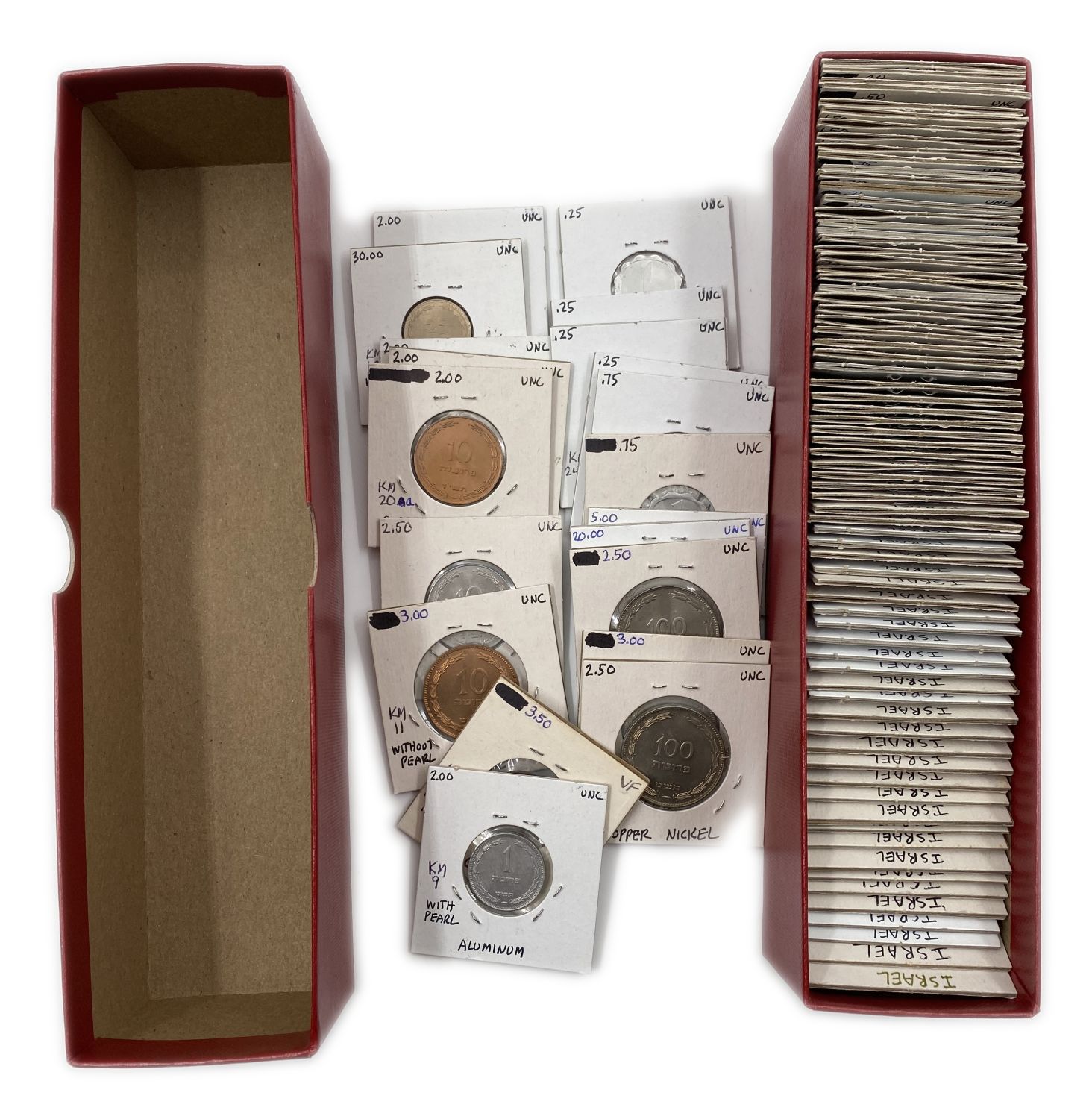 Israel - Lot of 93 Israeli coins from all the coin series that were, given in cartons (fitto the pages of a coin ...