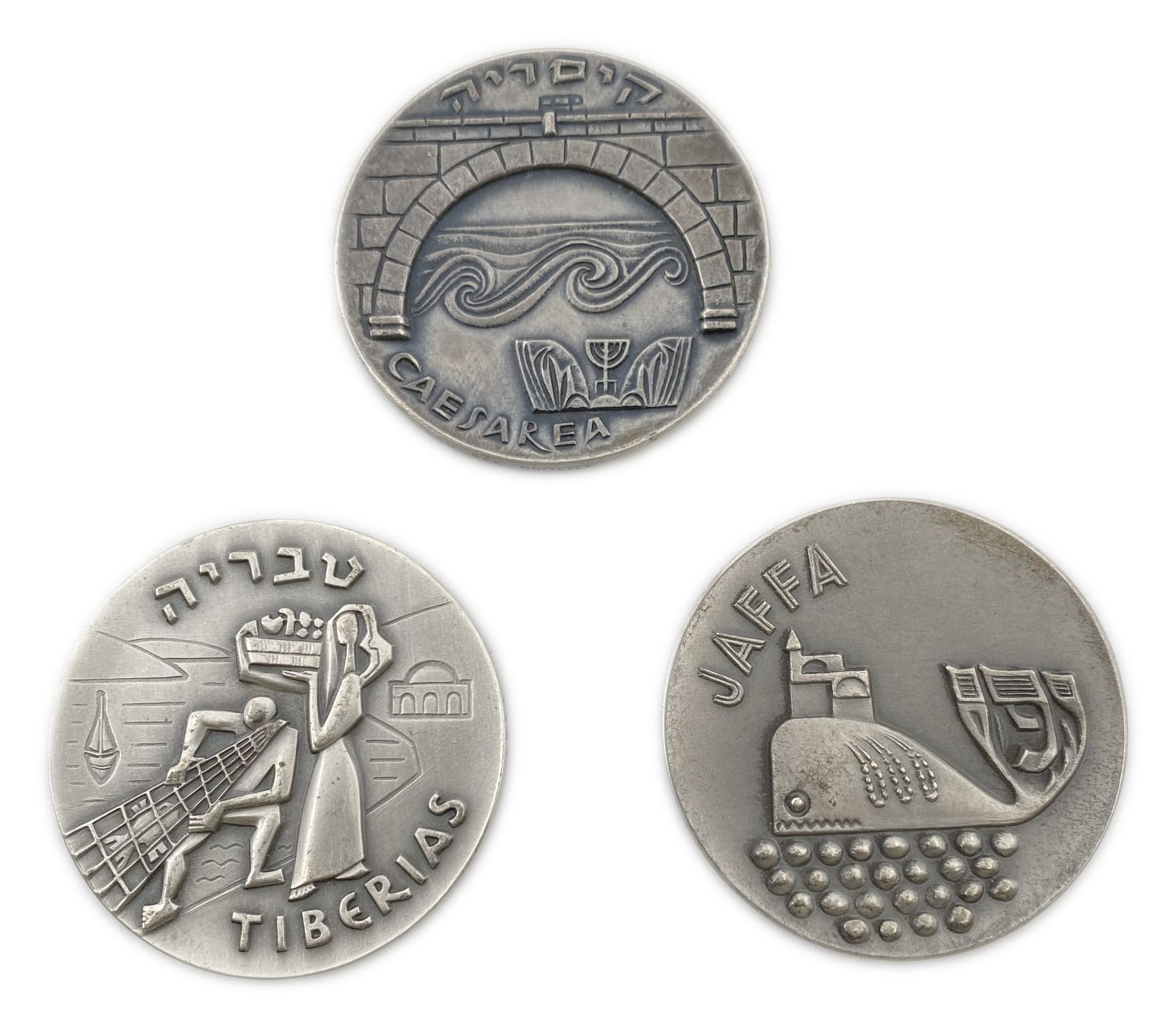 "Israel - Set of 3 city medals: Tiberias, Jaffa, Caesarea.
935 silver, 48 g, 45 mm. ... - 1 0