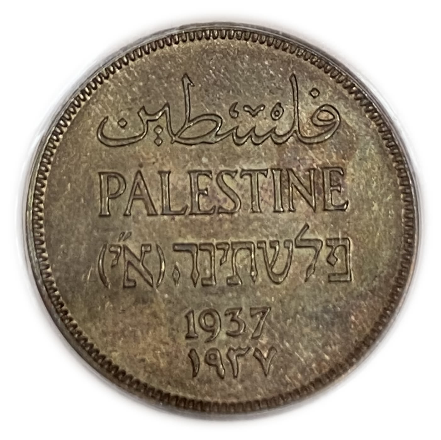Palestine - 1 Mil 1937 - PCGS 63 RB - UNC
Beautiful coin with blue-purple patina
Mil ... - 1 0