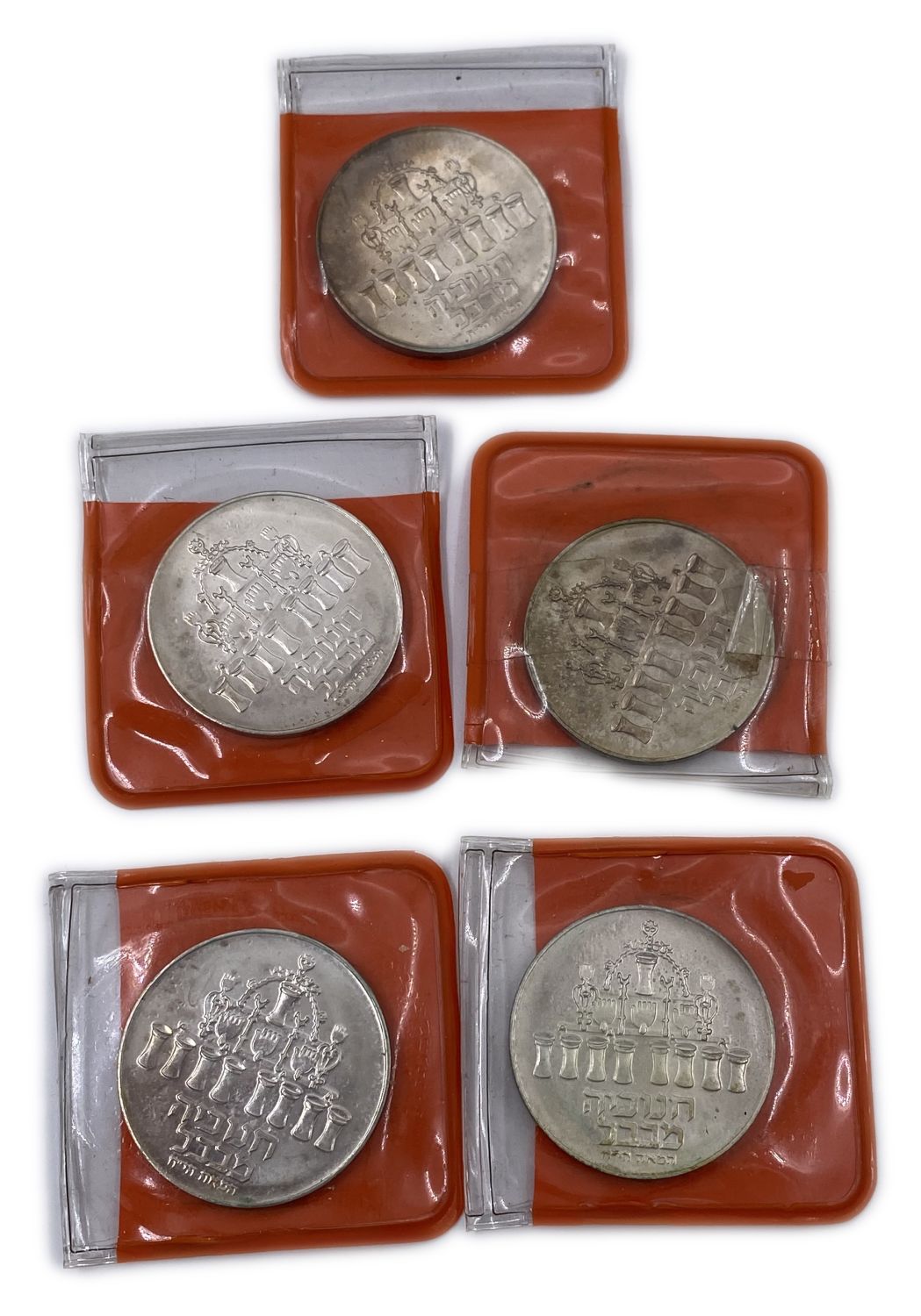 Israel - Menorah from Babylon - 5 Hanukkah coins 1973, silver - 500, 20 g, 34 mm.
Total weight of ... - 1 0