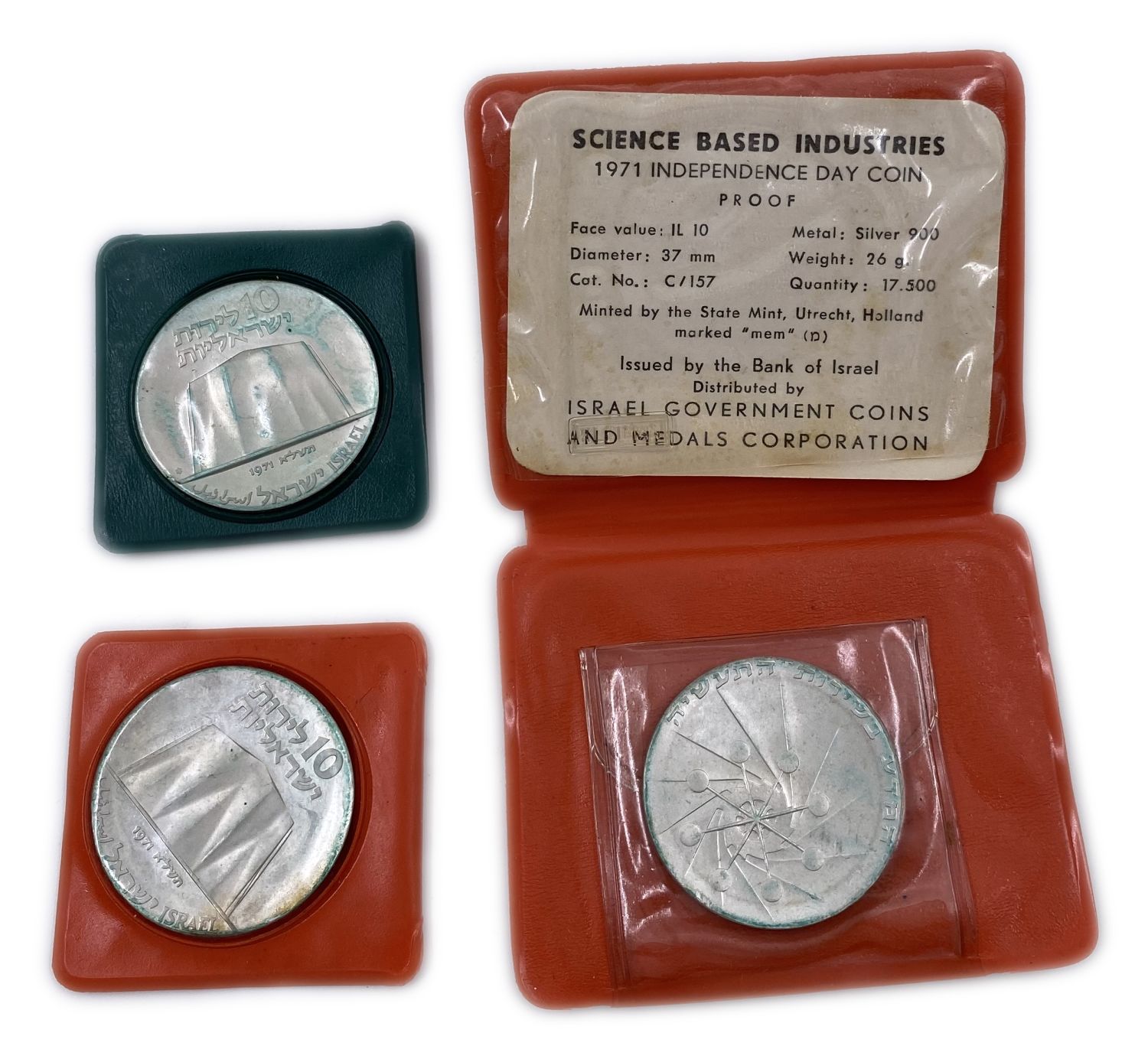 Israel - 3 coins ""Science in the Industrial Service"" - silver 900, 26 c, 37 mm.
Total weight of ... - 1 0