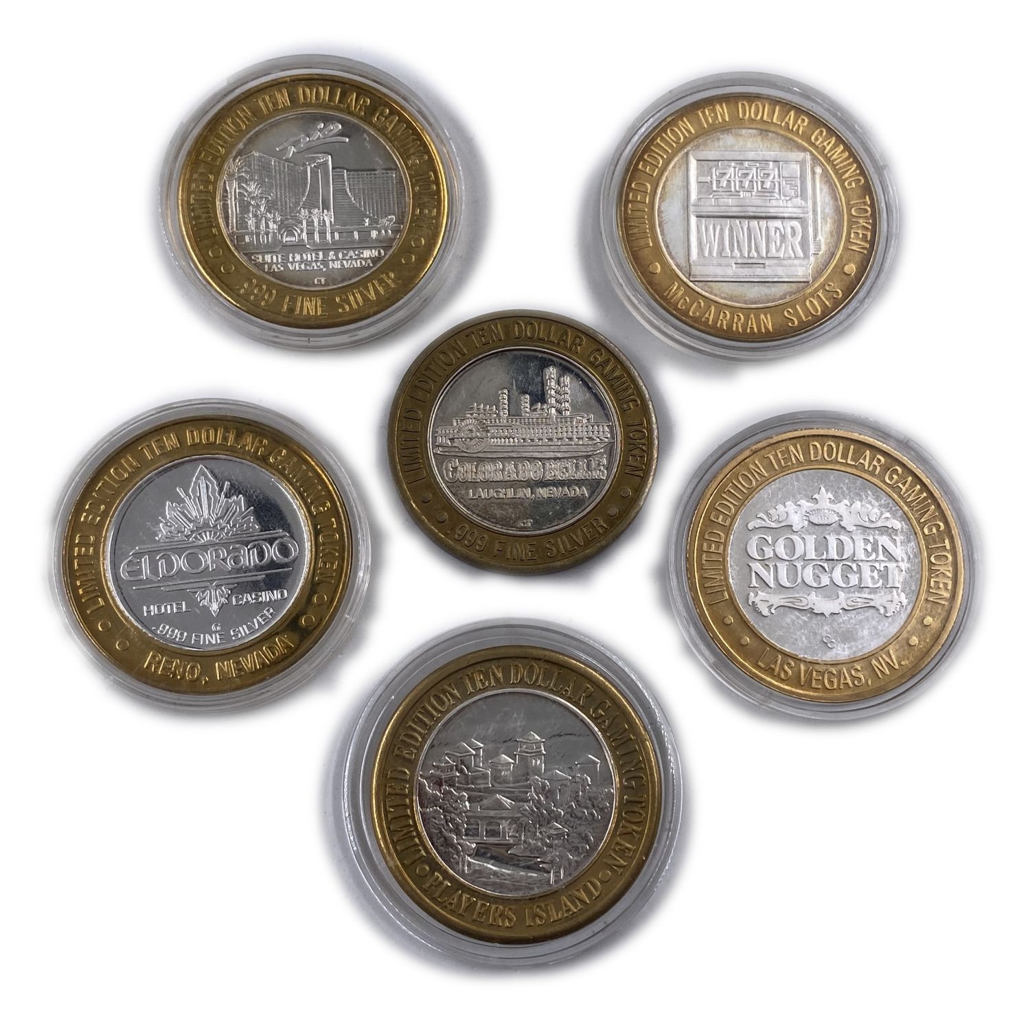 USA - Lot of 6 casino tokens, made of 999 silver, 18.68 g per unit, 112.08 grams Total weight
From a ... - 1 1