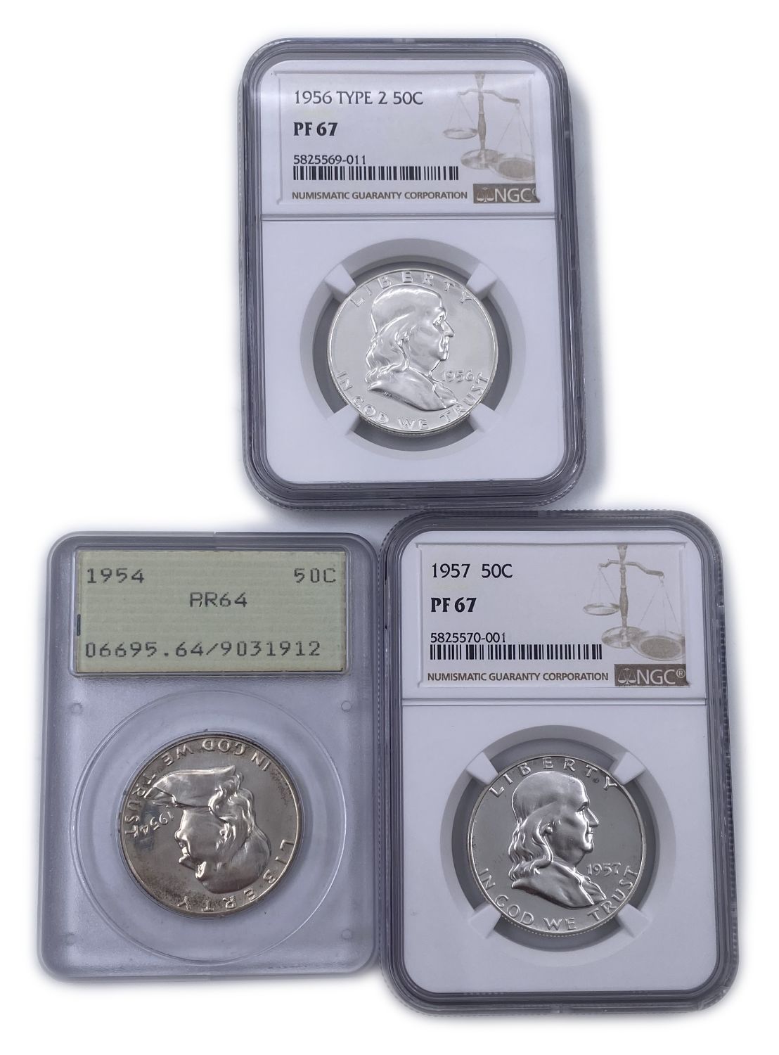 USA - Lot of 3 coins 50 cents 1954, 1956, 1957 - Rated PCGS PR64, NGC PF67 NGC TYPE 2 PF 67 - 1 0