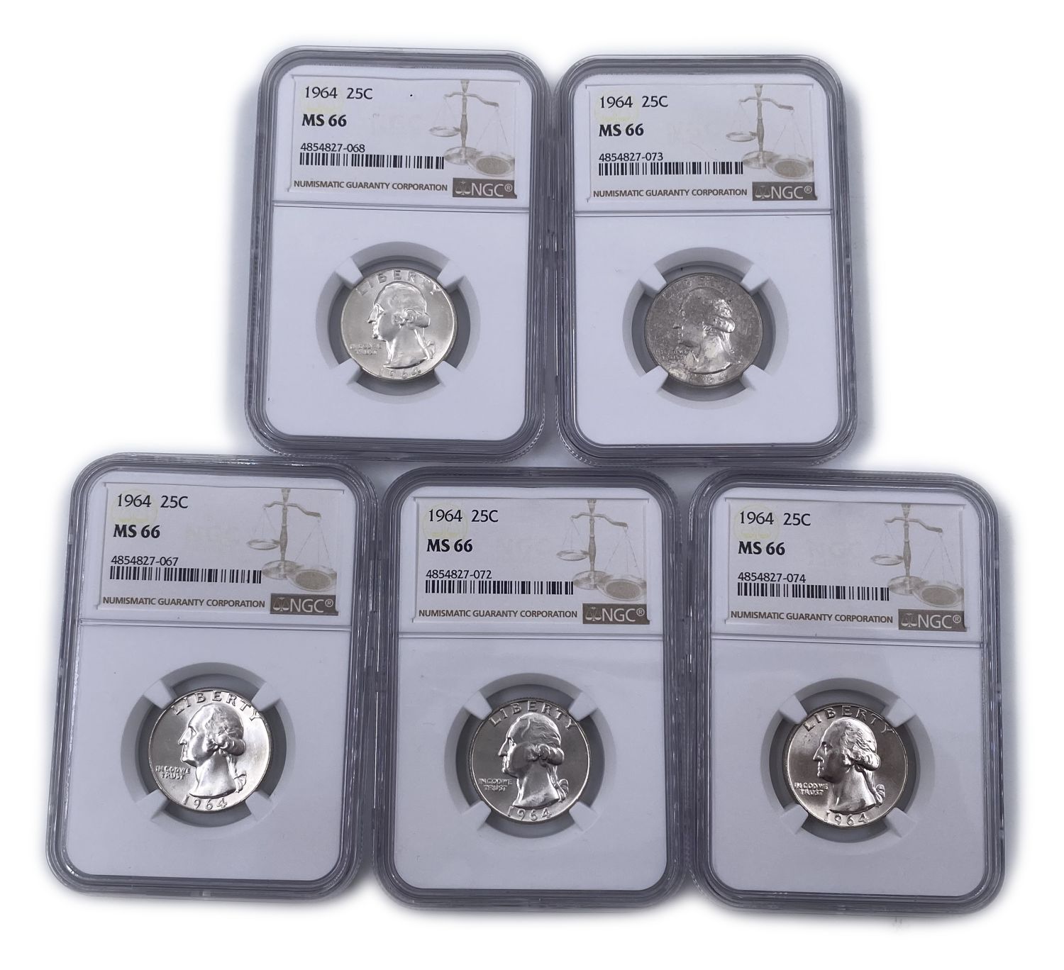 USA - Lot of 5 coins 25 cents 1964 - All graded NGC MS 66 - 1 0