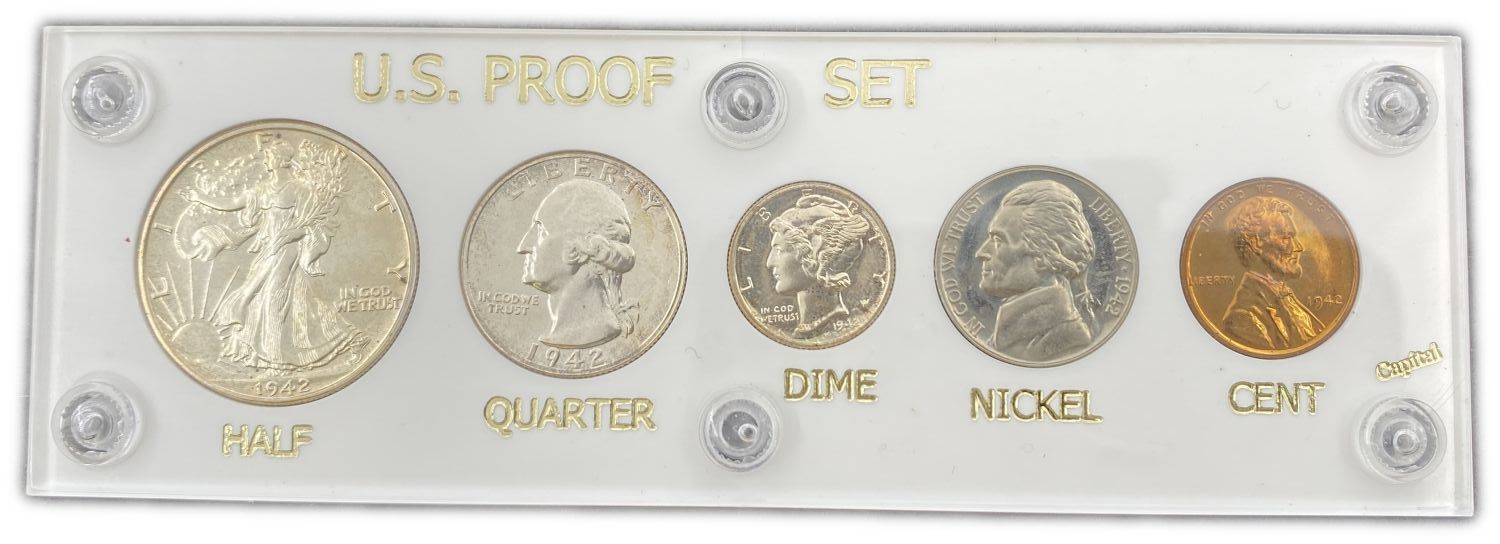 USA - 1 Cent, Nickel, Dime, Quarter, Half Dollar coin set from 1942 - Expensive - Mintage 21,000.
... - 1 0