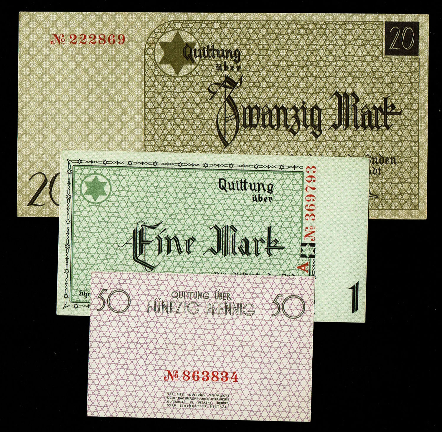 Holocaust concentration camps money - Poland - Lot of 3 banknotes of 50 Pfenning, 1 and 20 Mark 1940 - ghetto ... - 1 0
