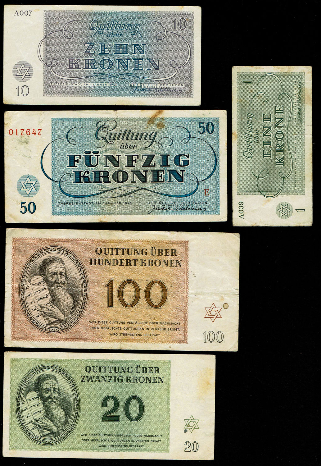 Holocaust concentration camps money - Czechoslovakia - 5 Banknotes 1, 10, 20, 50, 100 Kronen 1943 - ... - 1 2