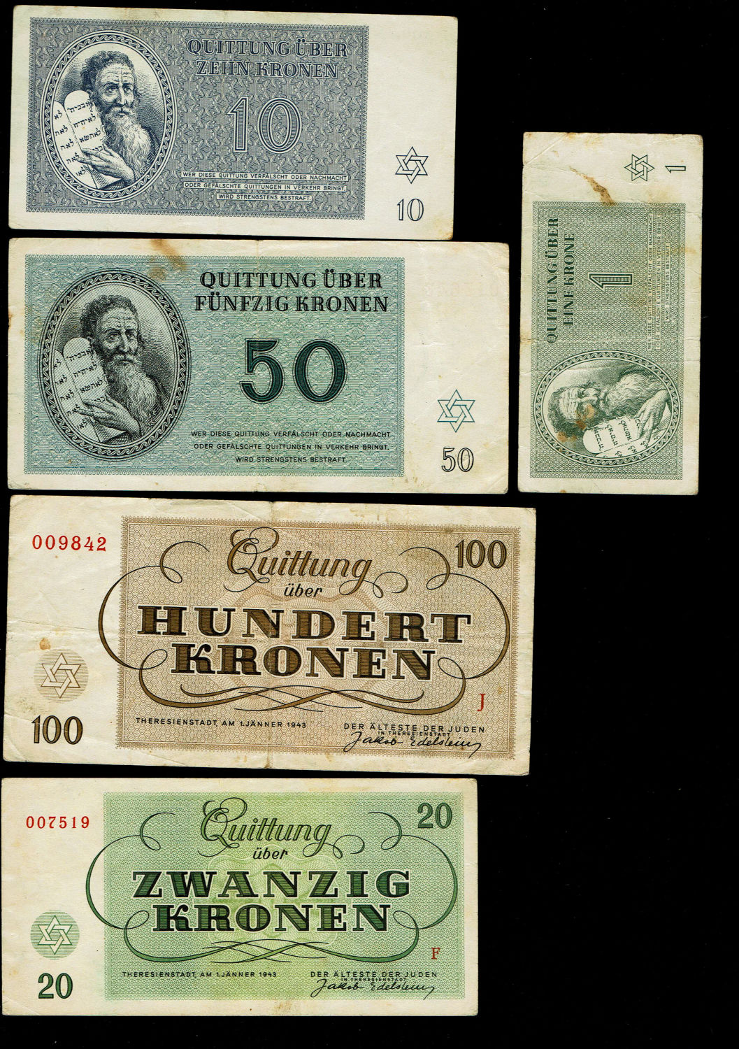 Holocaust concentration camps money - Czechoslovakia - 5 Banknotes 1, 10, 20, 50, 100 Kronen 1943 - ... - 1 1