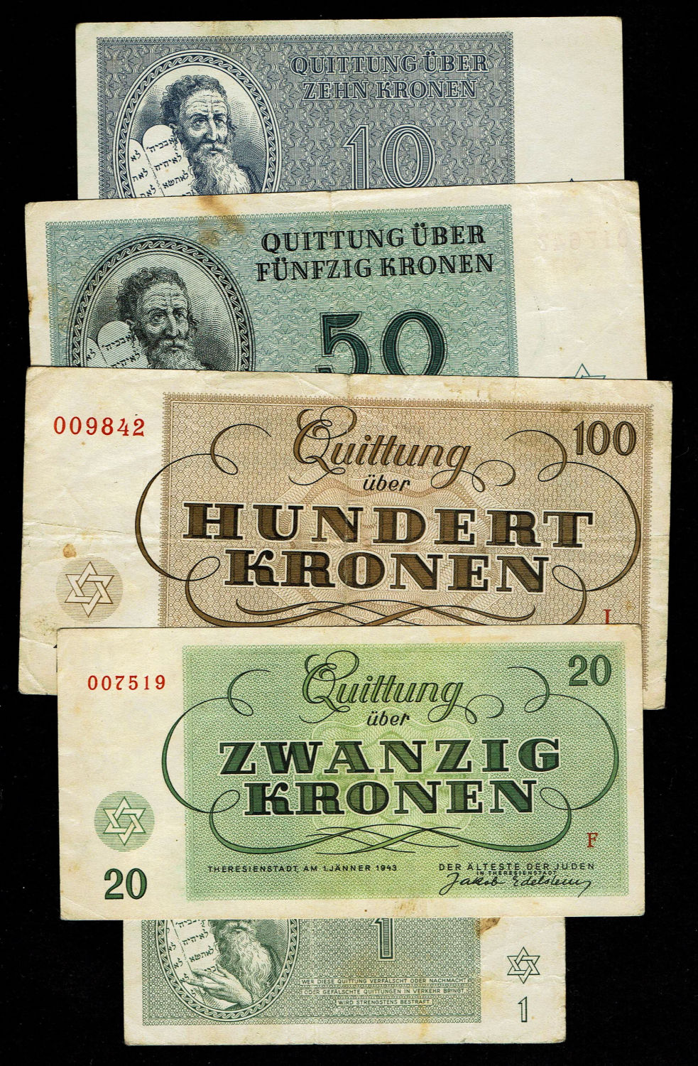 Holocaust concentration camps money - Czechoslovakia - 5 Banknotes 1, 10, 20, 50, 100 Kronen 1943 - ... - 1 0