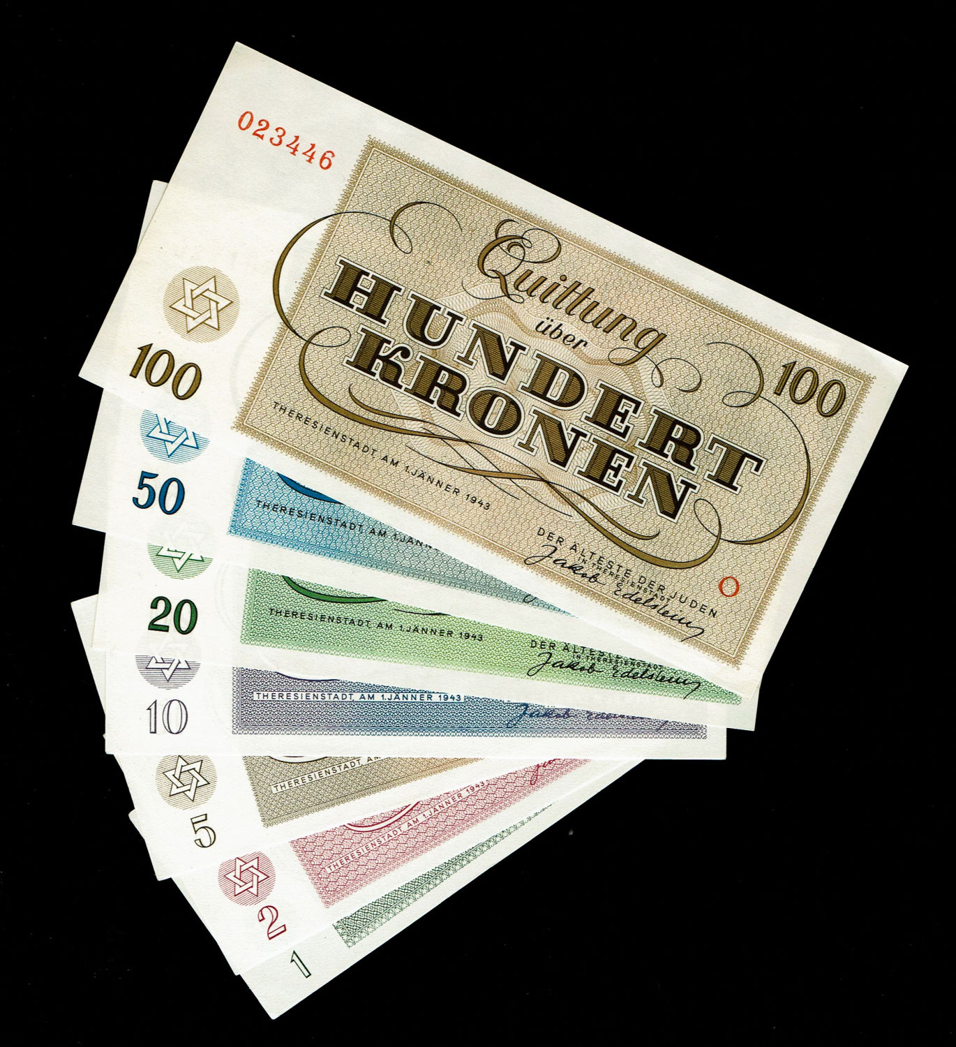 Holocaust concentration camps money - Czechoslovakia - 5 Banknotes 1, 2, 5, 10, 20, 50, 100 Kronen 1943 - ... - 1 0