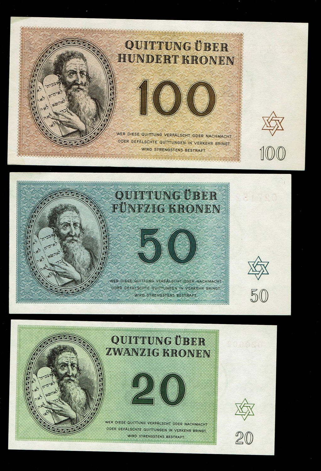 Holocaust concentration camps money - Czechoslovakia - 5 Banknotes 1, 2, 5, 10, 20, 50, 100 Kronen 1943 - ... - 1 2