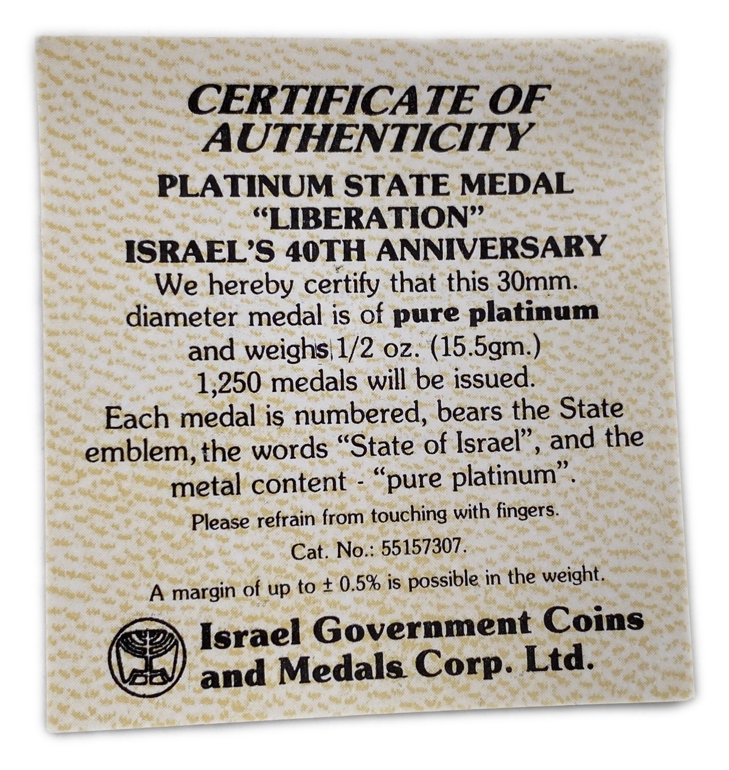 Israel - Liberation - State Medal from Platinum 40 years of the State of Israel, 1988 - Pure Platinum, 15.5 g ... - 1 4