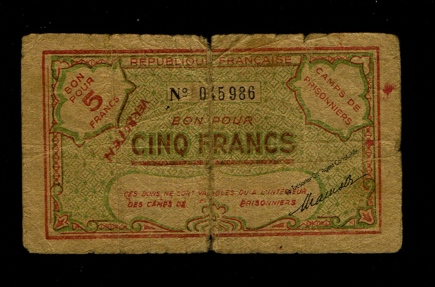 Holocaust concentration camps money - France - 5 Frank 1940 '- POW camp of the French Legion in North Africa ... - 1 1