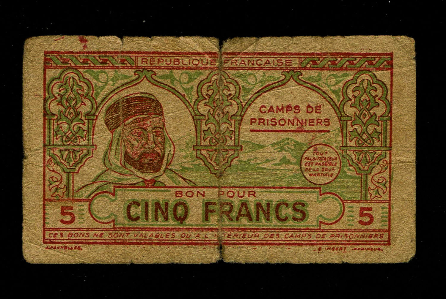 Holocaust concentration camps money - France - 5 Frank 1940 '- POW camp of the French Legion in North Africa ... - 1 0
