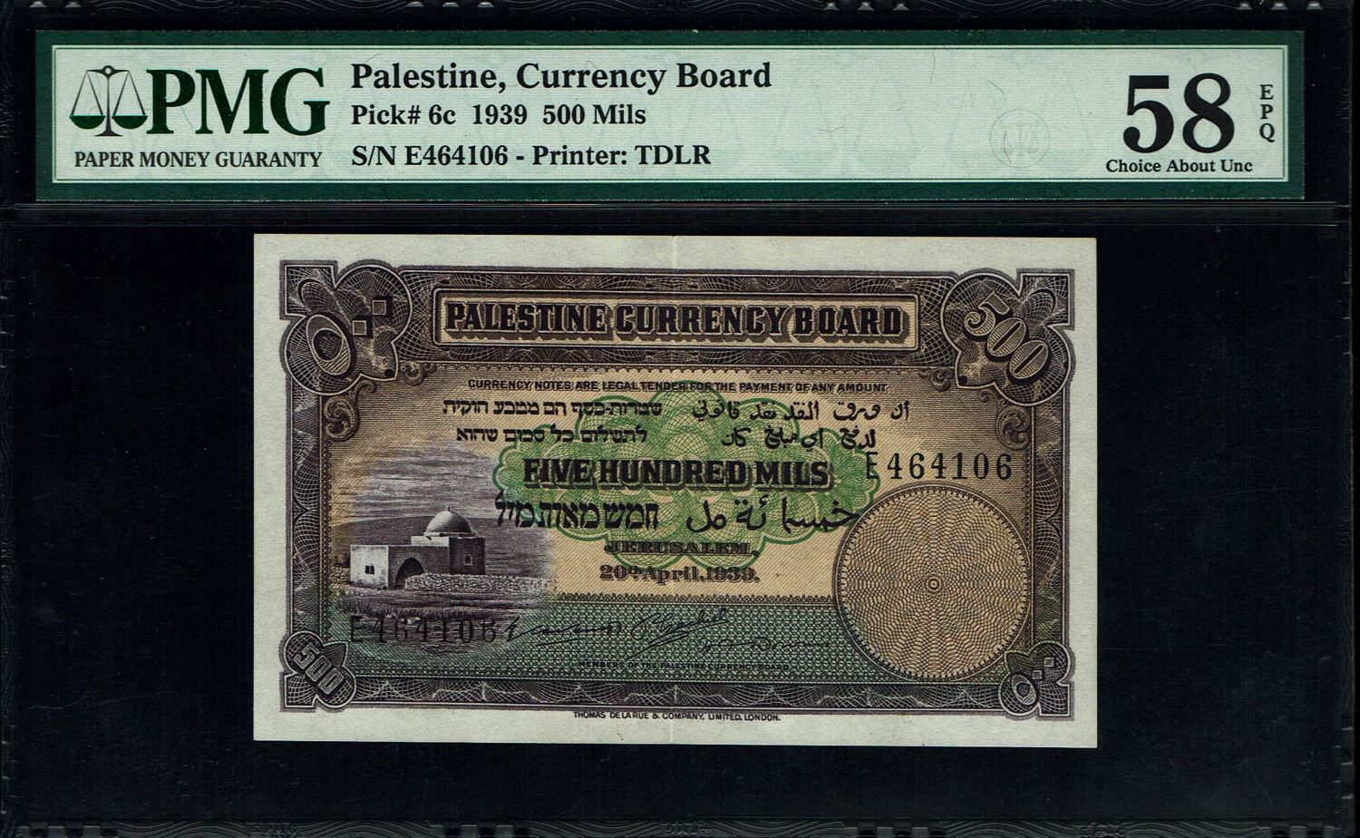 Palestine - 500 mils 1939 - PMG 58 EPQ - Prefix E
Particularly attractive starting price. ... - 1 0