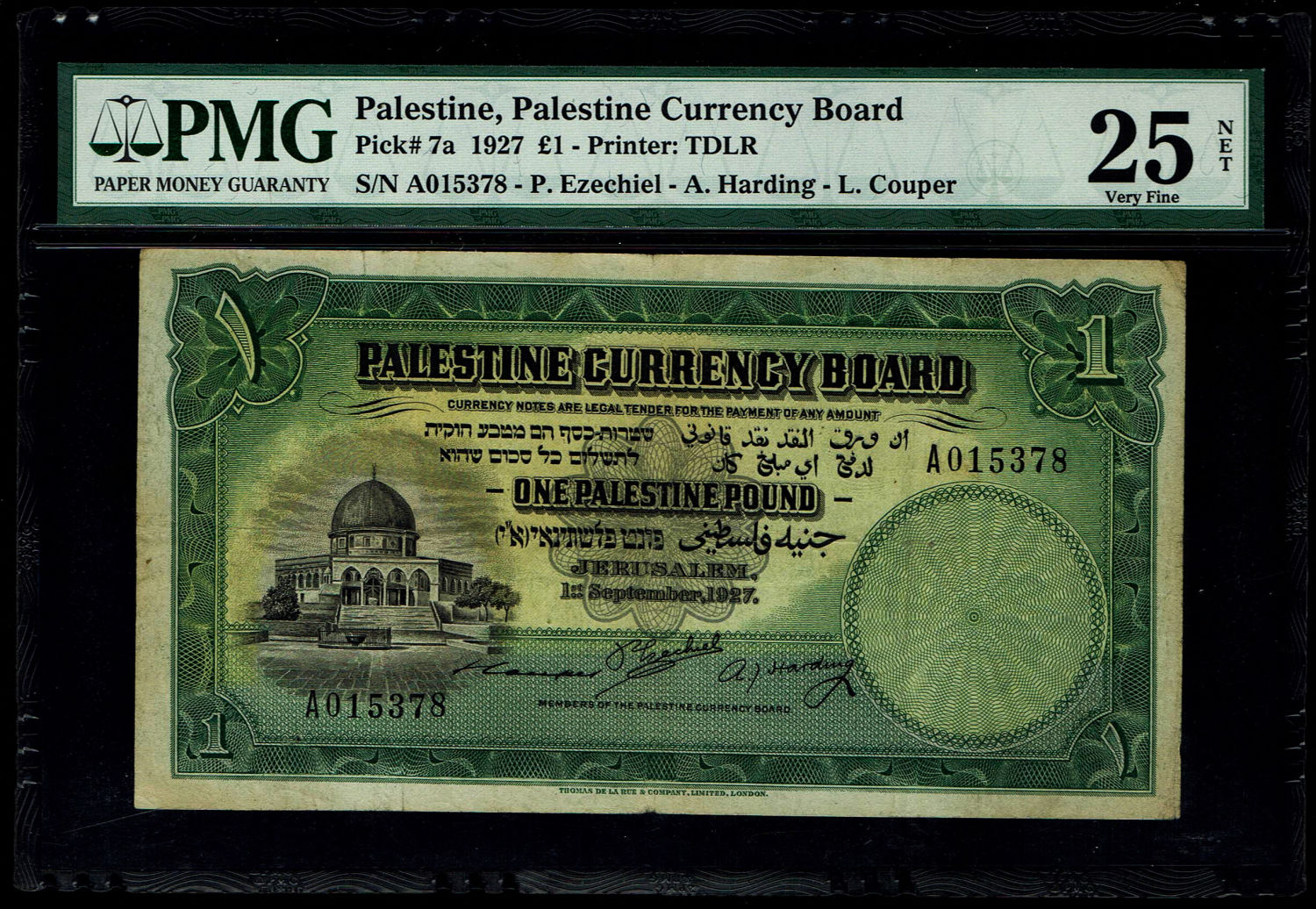 Palestine - 1 pound 1927 - PMG 25 NET - Very low Serial Number - Prefix A
A banknote from year 1927. ... - 1 0