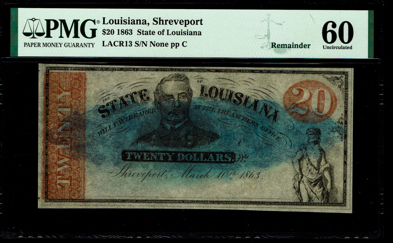 USA - 20 Dollar 1863 - Louisiana, Shreveport - Reminder - PMG 60 - 1 0