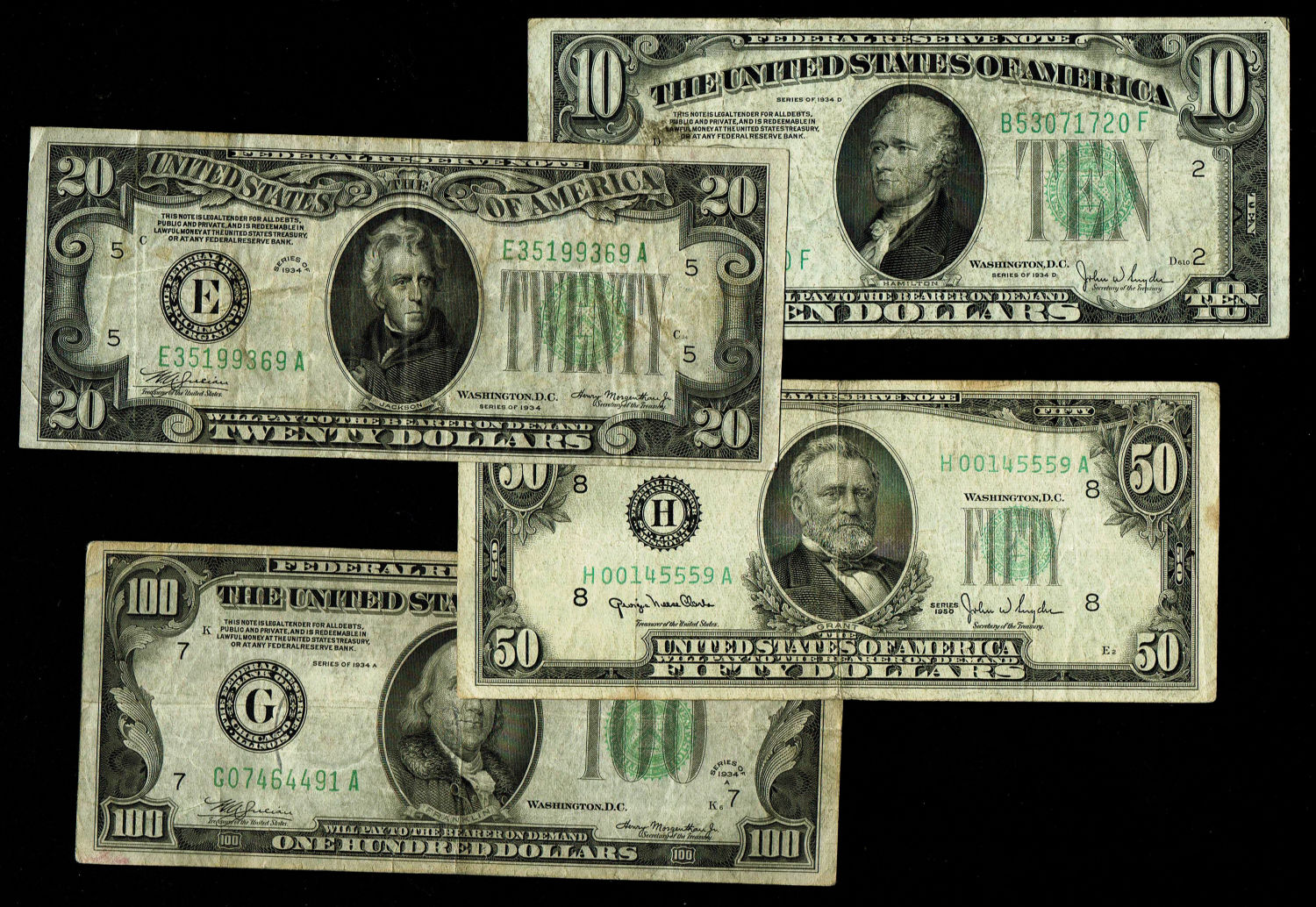 USA - Lot of 4 banknotes 10, 20, 50, 100 Dollars 1934 - VF
The dollar (or US dollar, also known as ... - 1 0