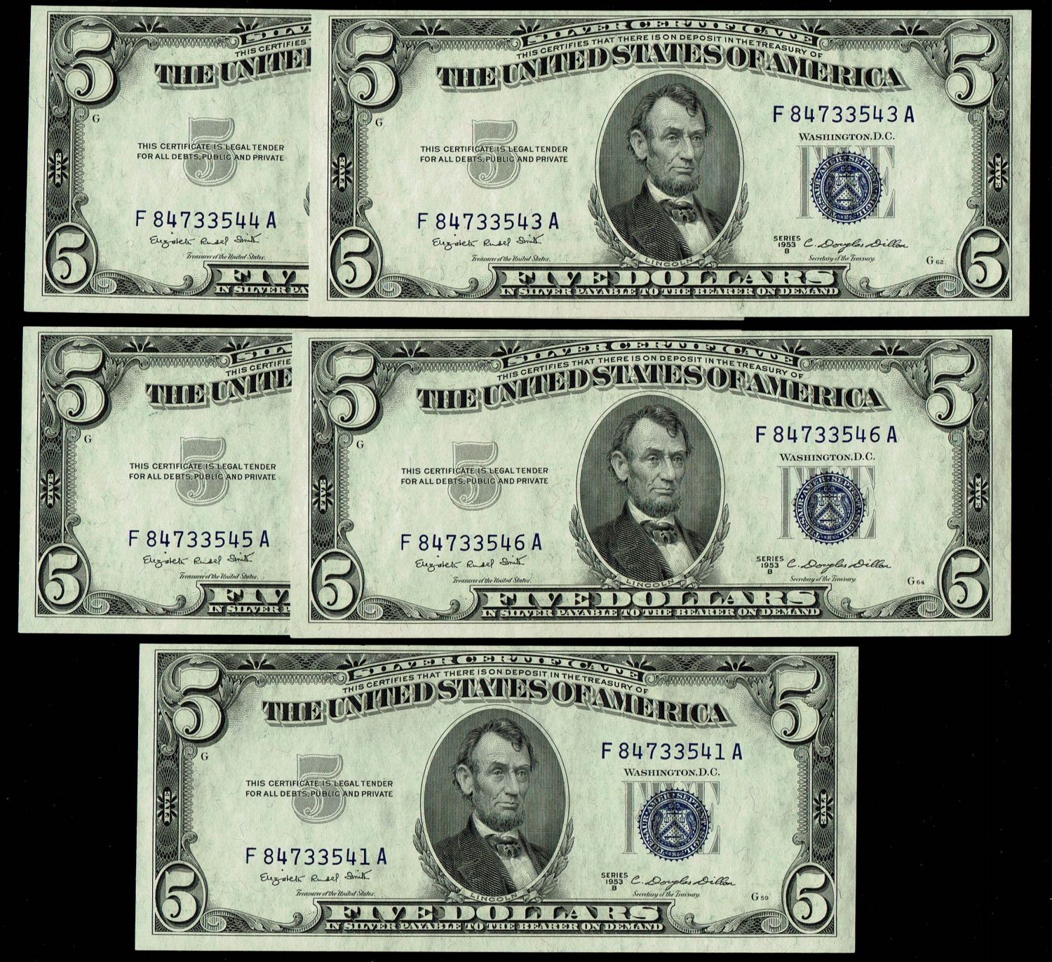 USA - Lot of 5 banknotes, 4 are consequtive serial numbers - 5 Dollars 1953 - UNC
The dollar (or US ... - 1 0