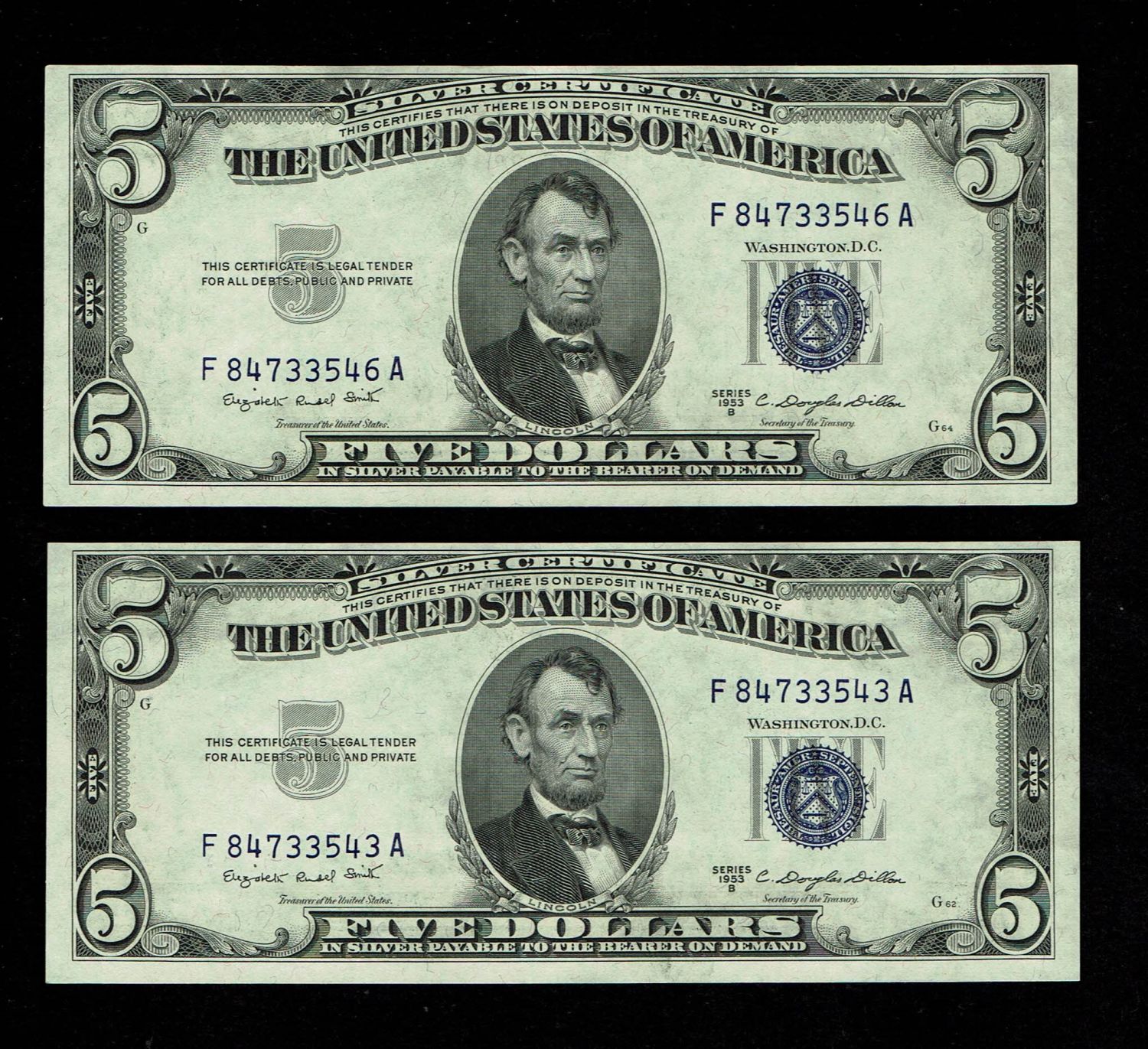 USA - Lot of 5 banknotes, 4 are consequtive serial numbers - 5 Dollars 1953 - UNC
The dollar (or US ... - 1 1