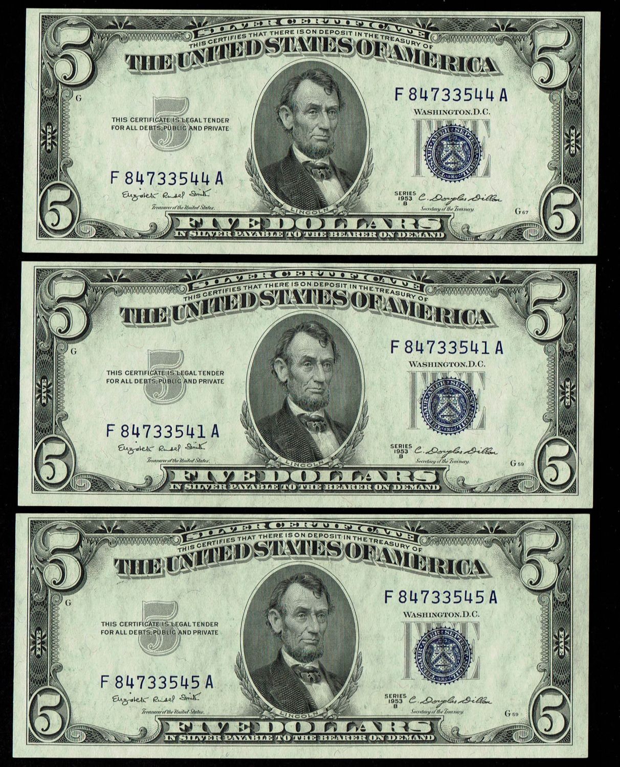 USA - Lot of 5 banknotes, 4 are consequtive serial numbers - 5 Dollars 1953 - UNC
The dollar (or US ... - 1 3