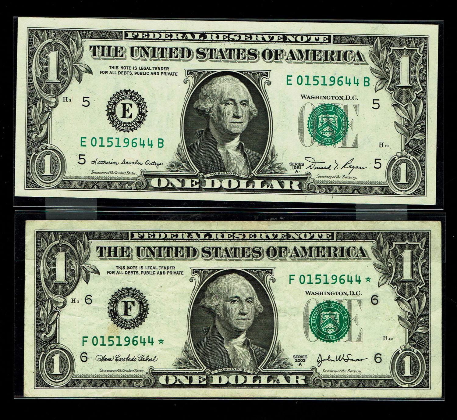 USA - 2 Banknotes of 1 Dollars 1981, 2003 - Same serial number 01519644 - VF, UNC
The dollar (or US ... - 1 0