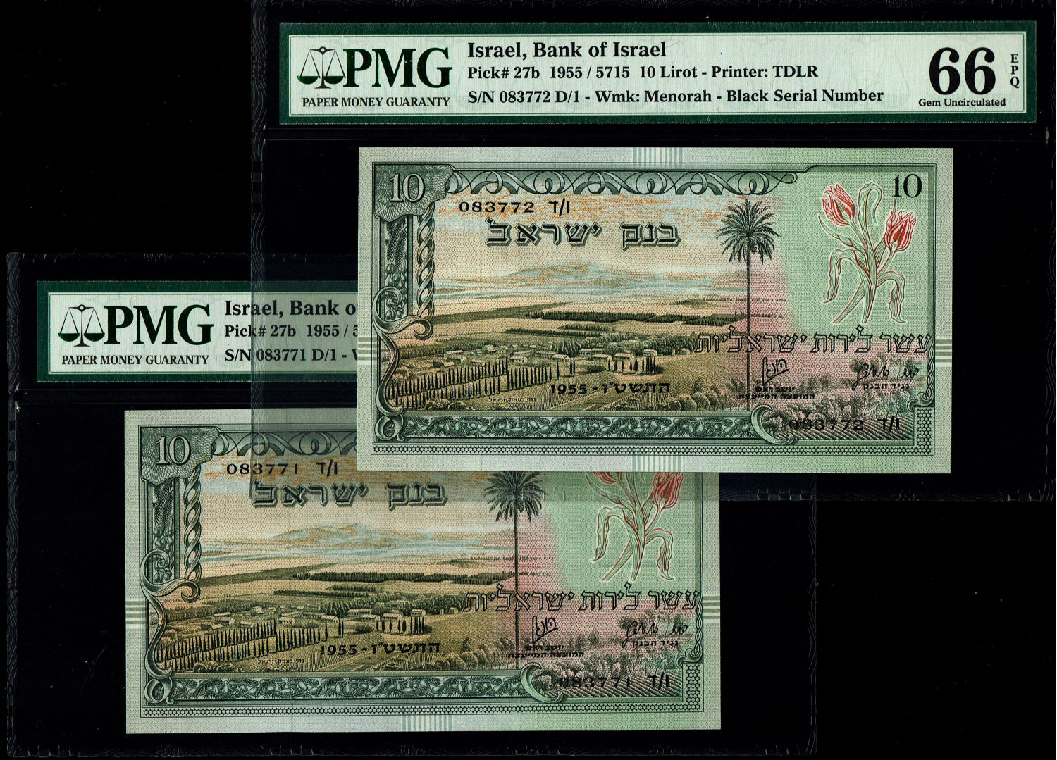 Israel - Pair banknotes of 10 Lirot 1955 - PMG 66 EPQ - Black Serial Number - Consecutive numbers - Prefix D ... - 1 0