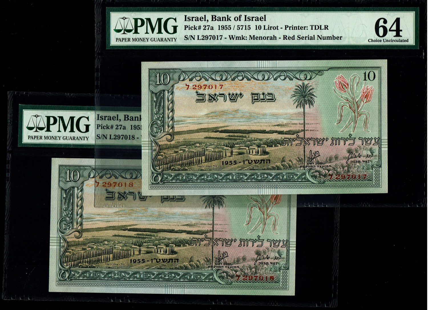 Israel - Pair banknotes of 10 Lirot 1955 - PMG 64 - Consecutive numbers - Red Serial Number - Prefix L
... - 1 0
