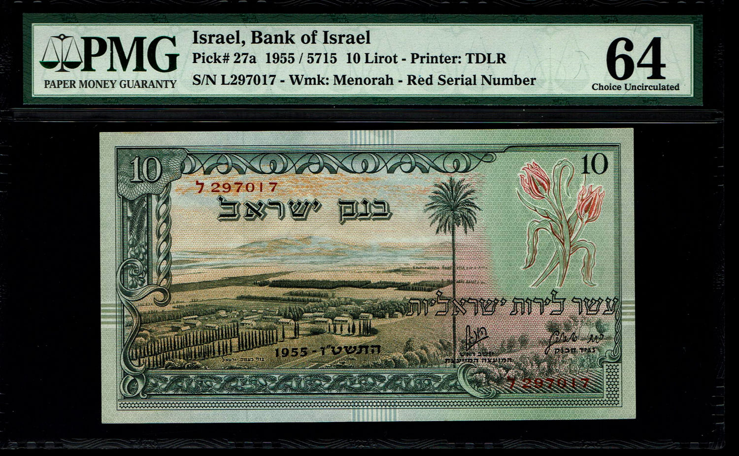 Israel - Pair banknotes of 10 Lirot 1955 - PMG 64 - Consecutive numbers - Red Serial Number - Prefix L
... - 1 1